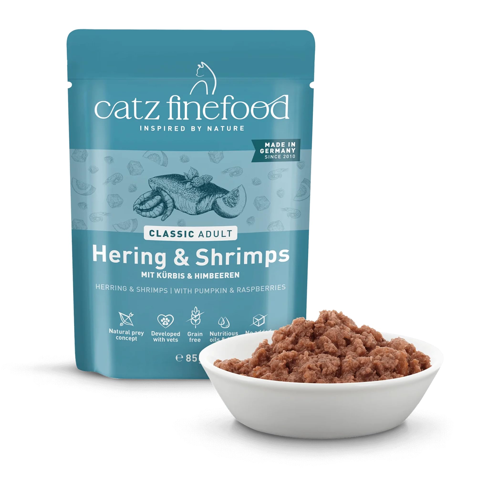 catz finefood N° 13 Śledź i krewetki karma dla kotów na mokro, uszlachetniona dynią i aloesem, 16 x 85 g worek
