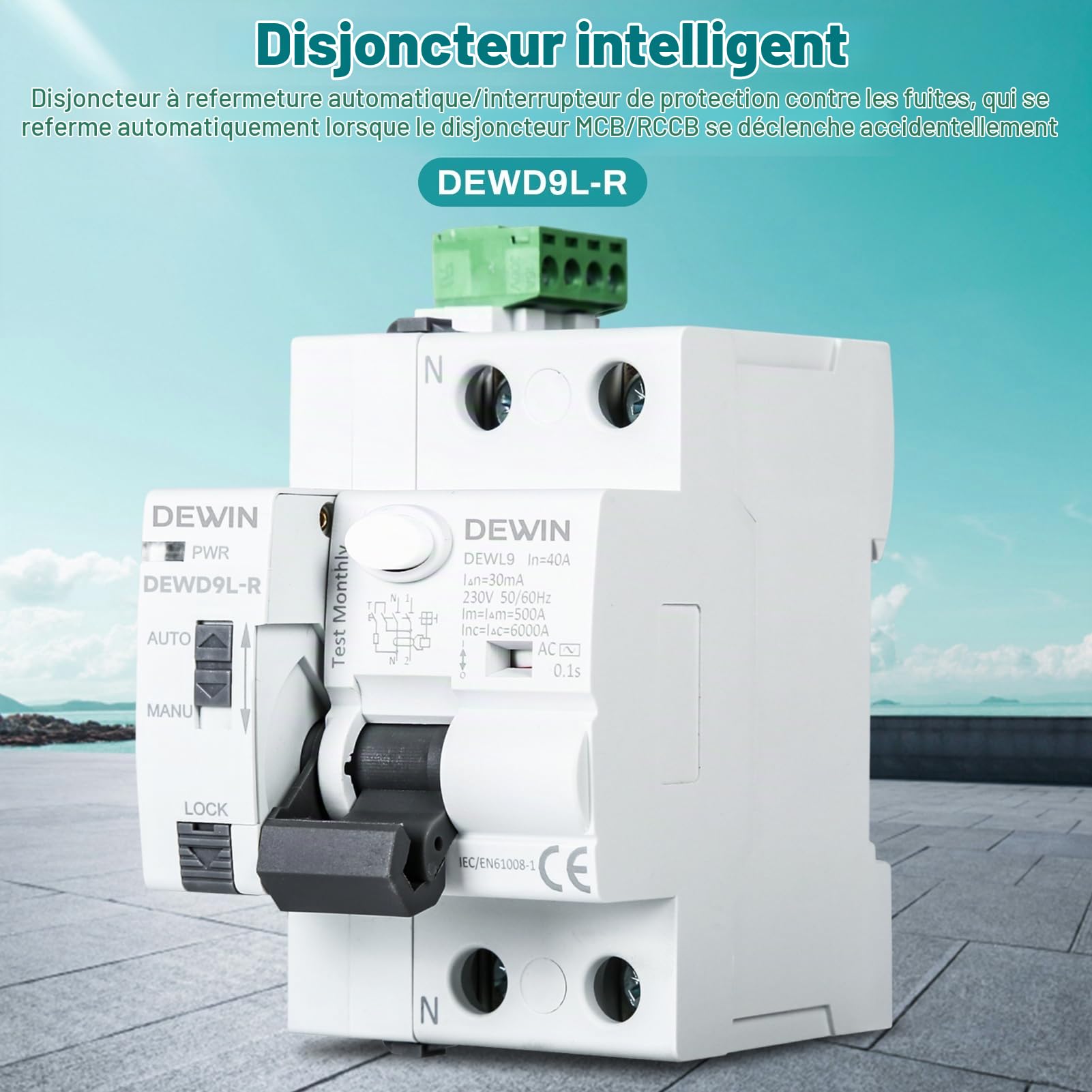 DEWIN Disjoncteur Différentiel, GRD9L-R RCCB Dispositif de Réenclenchement Automatique Disjoncteurs électriques Disjoncteur intelligent Type AC 2P 40A 30mA