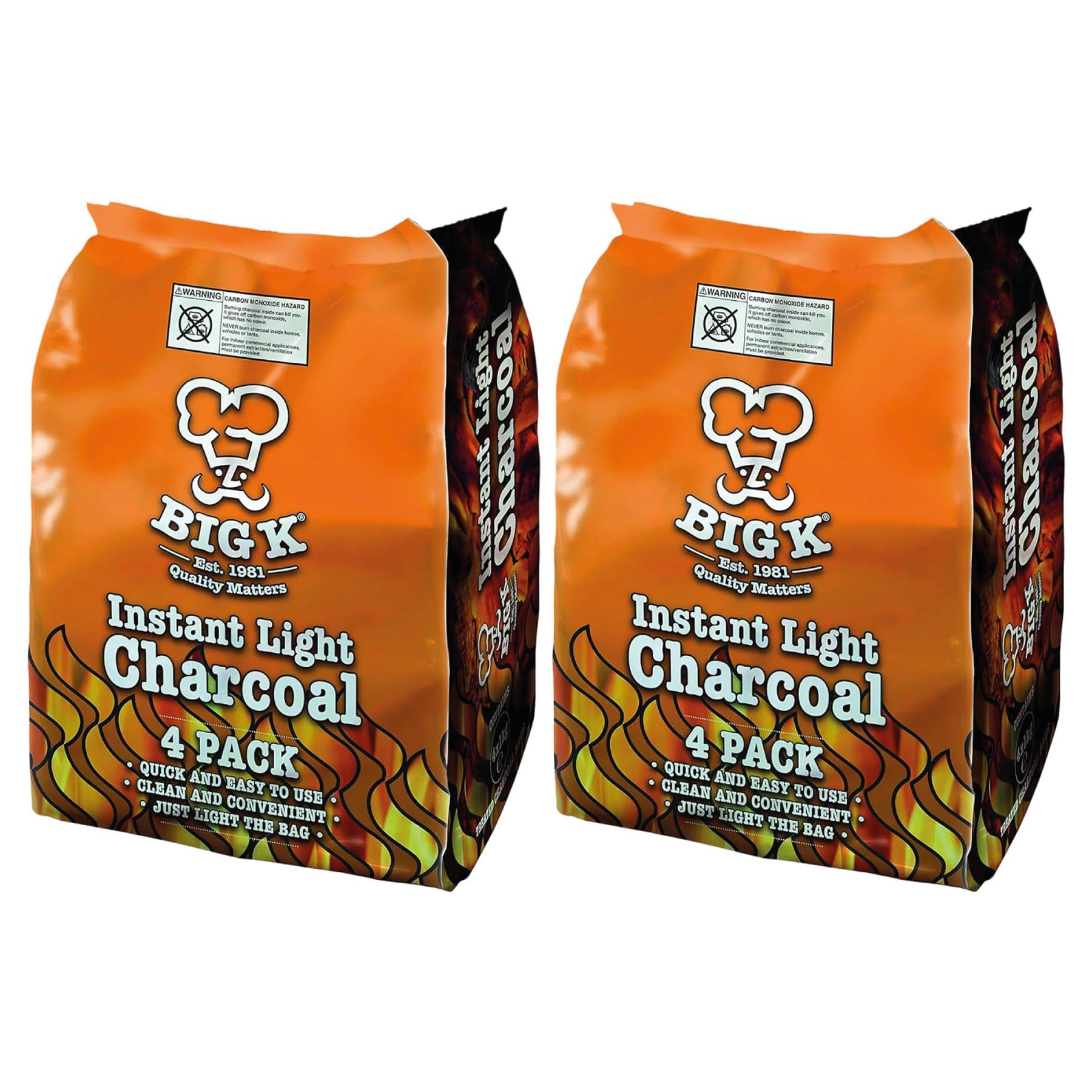 Big K Orange 4Pk Charcoal 4kg (Pack of 2) | Instant Lighting Charcoal| 8 x 1kg Bags | Suitable for BBQs, Grilling & Outdoor Cooking