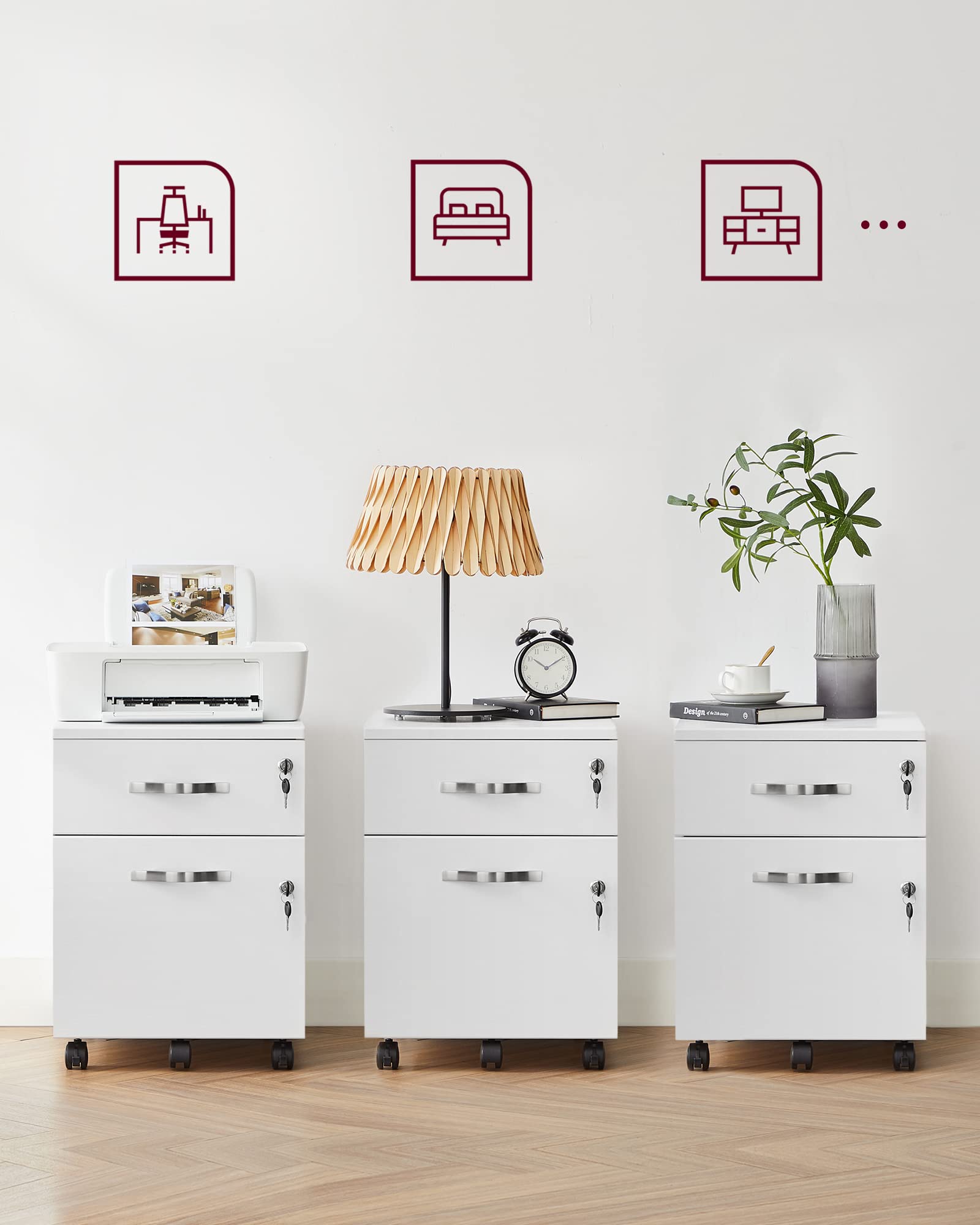VASAGLE Custos Collection - Caisson Bureau, Petit Meuble de Rangement Mobile, avec 2 Tiorirs, 5 roulettes, Surface Texturée, pour Dossiers Suspendus, Document A4, Poste de Travail, Blanc LCD022T46V1