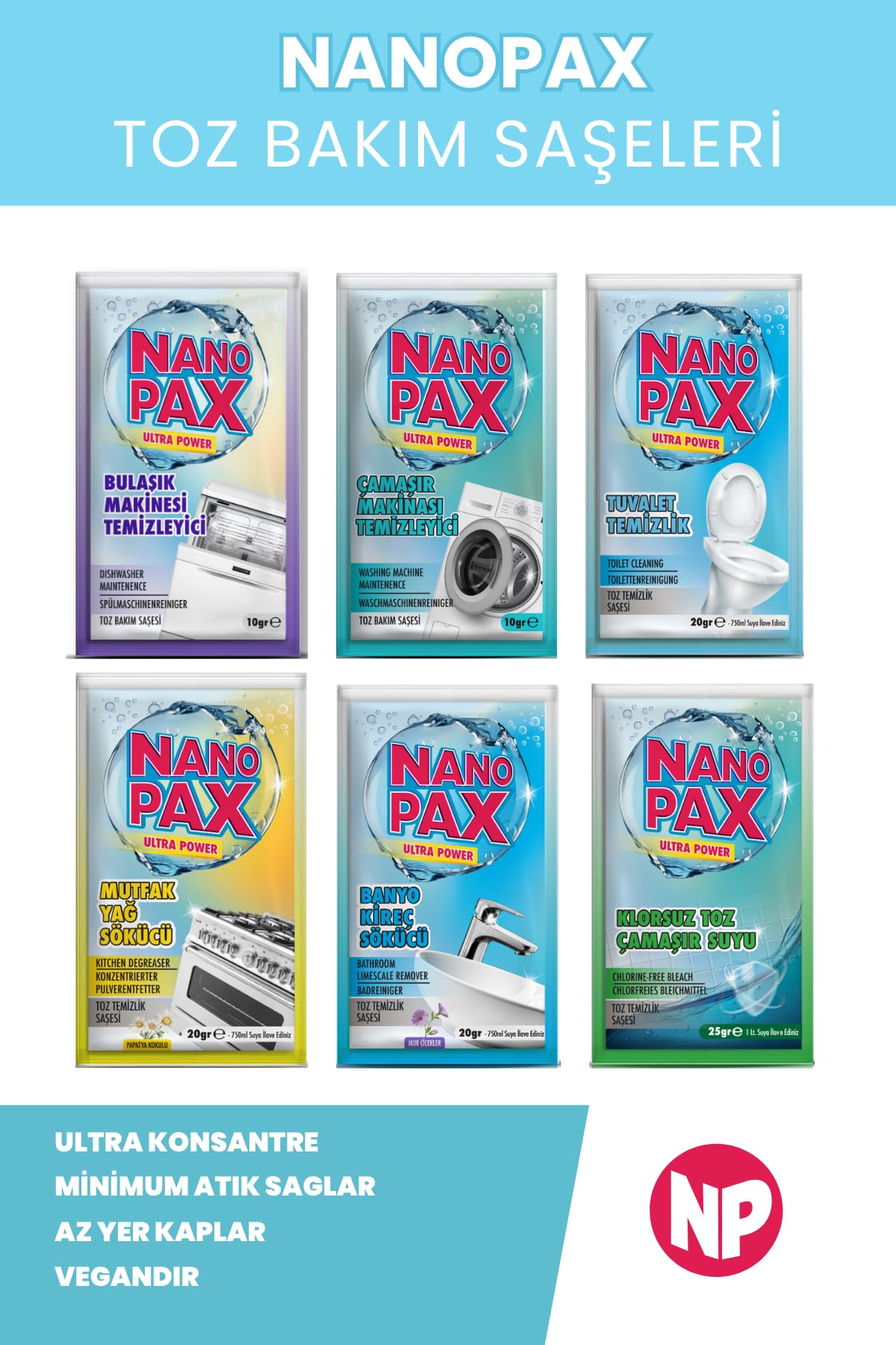 Nanopax 6 Adet Tuvalet & Klozet Aktif Köpüklü Toz Deterjan Saşeleri (Ultra Konsantre) 6 Adet x 20 Gr - Ekonomik Paket