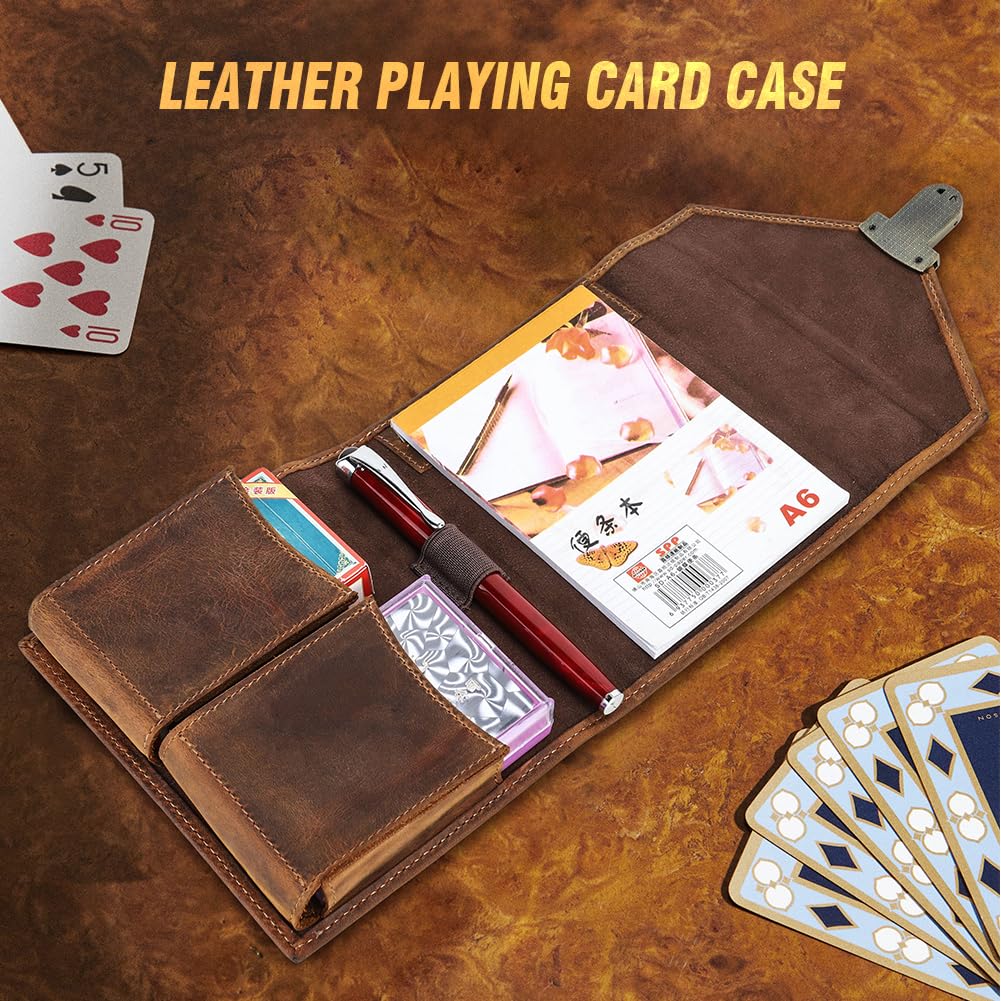 CONTACTS Genuine Leather Playing Card Case with Pen and Notepad Holder for Outdoor Travel 2 Deck Card Box Brown Card Game Organizer for 2 Decks - Image 2