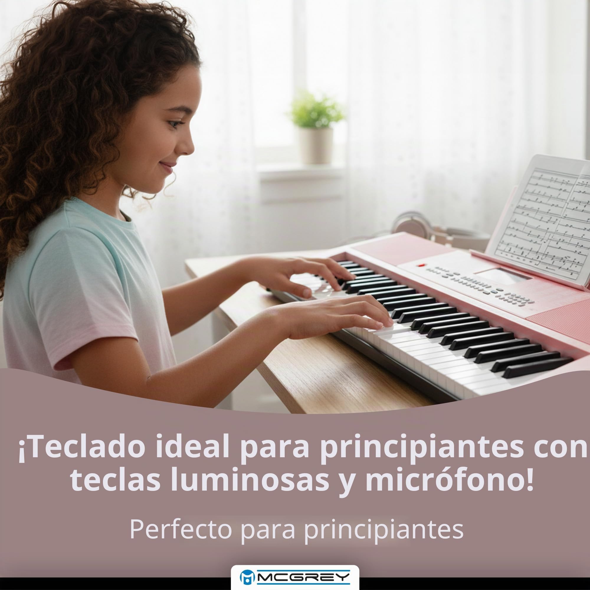 McGrey LK-6120-MIC Teclado Con Teclas Iluminadas Con Micrófono, 255 sonidos | Teclado para principiantes con 61 teclas iluminadas, 255 ritmos, 61 sonidos de percusión, 50 canciones demo, Sustain/ Vibrato