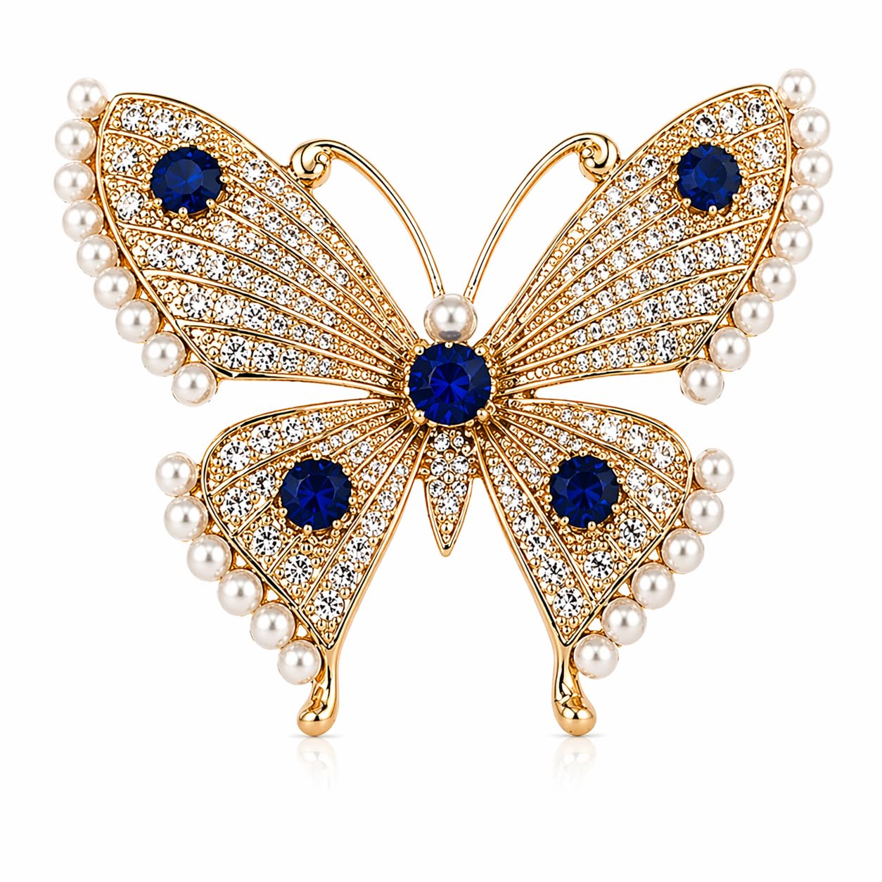 Luxury Butterfly Brooch for Women | Gold Crystal & Blue Stone Pearl Brooch Pin for Saree, Dress, Coat & Blazer | Designer Wedding Party Jewelry-image-49