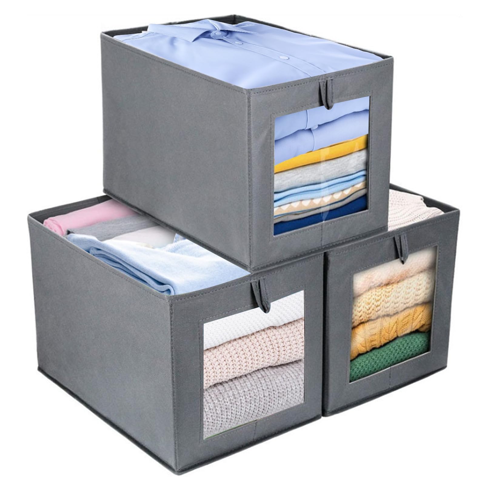 ASelected 3 PCS Foldable Storage Boxes with Transparent Window,Wardrobe Storage Organiser Fabric Clothes Organisers,Closet Storages Boxes with Handle for Wardrobe,Closet