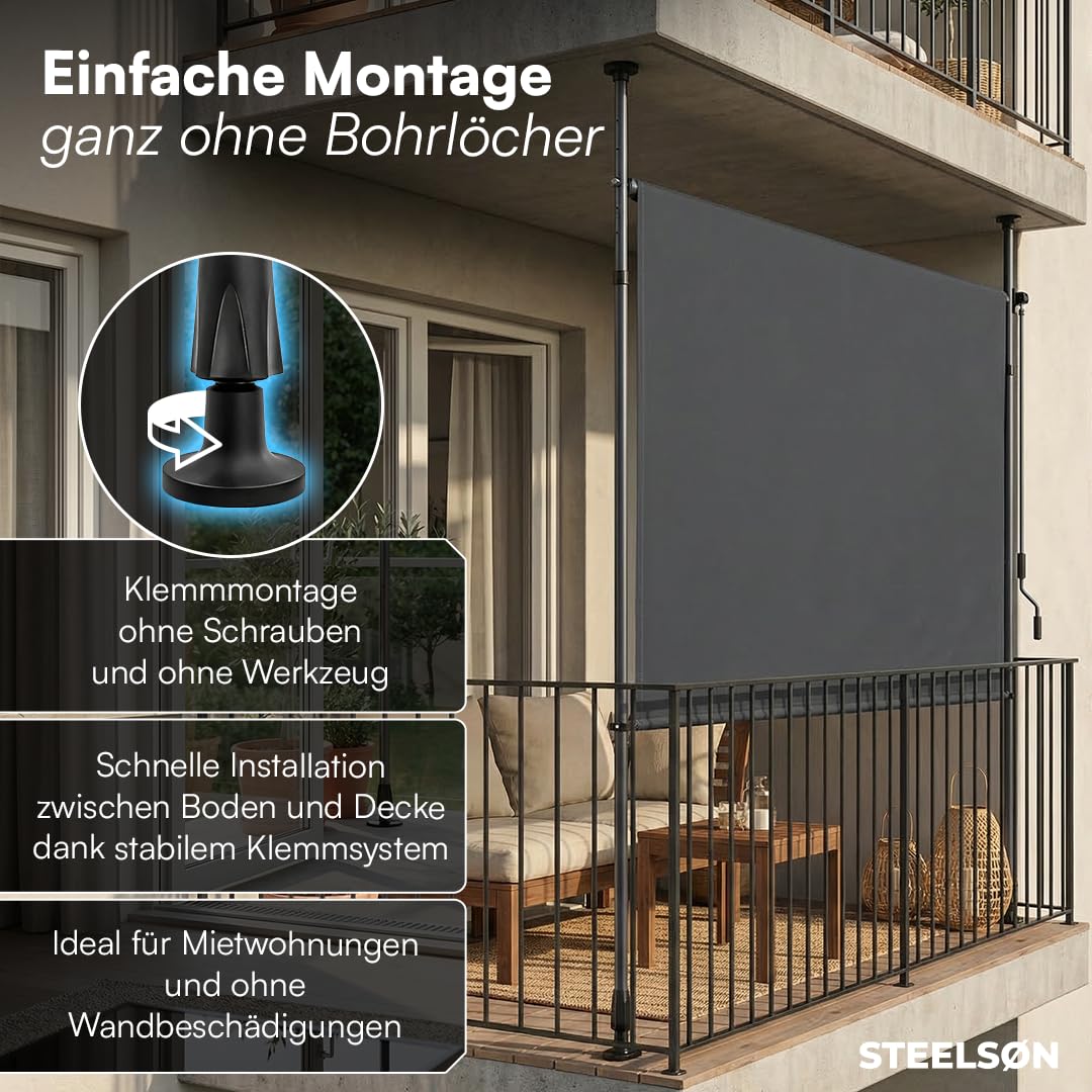 STEELSØN Serelia Senkrechtmarkise 120x310 cm – Vertikalmarkise außen Antharzit – Sichtschutz Balkon wetterfest – Klemmmarkise als Sonnenschutz & Windschutz – Balkonmarkise ohne Bohren – Outdoor-Rollo