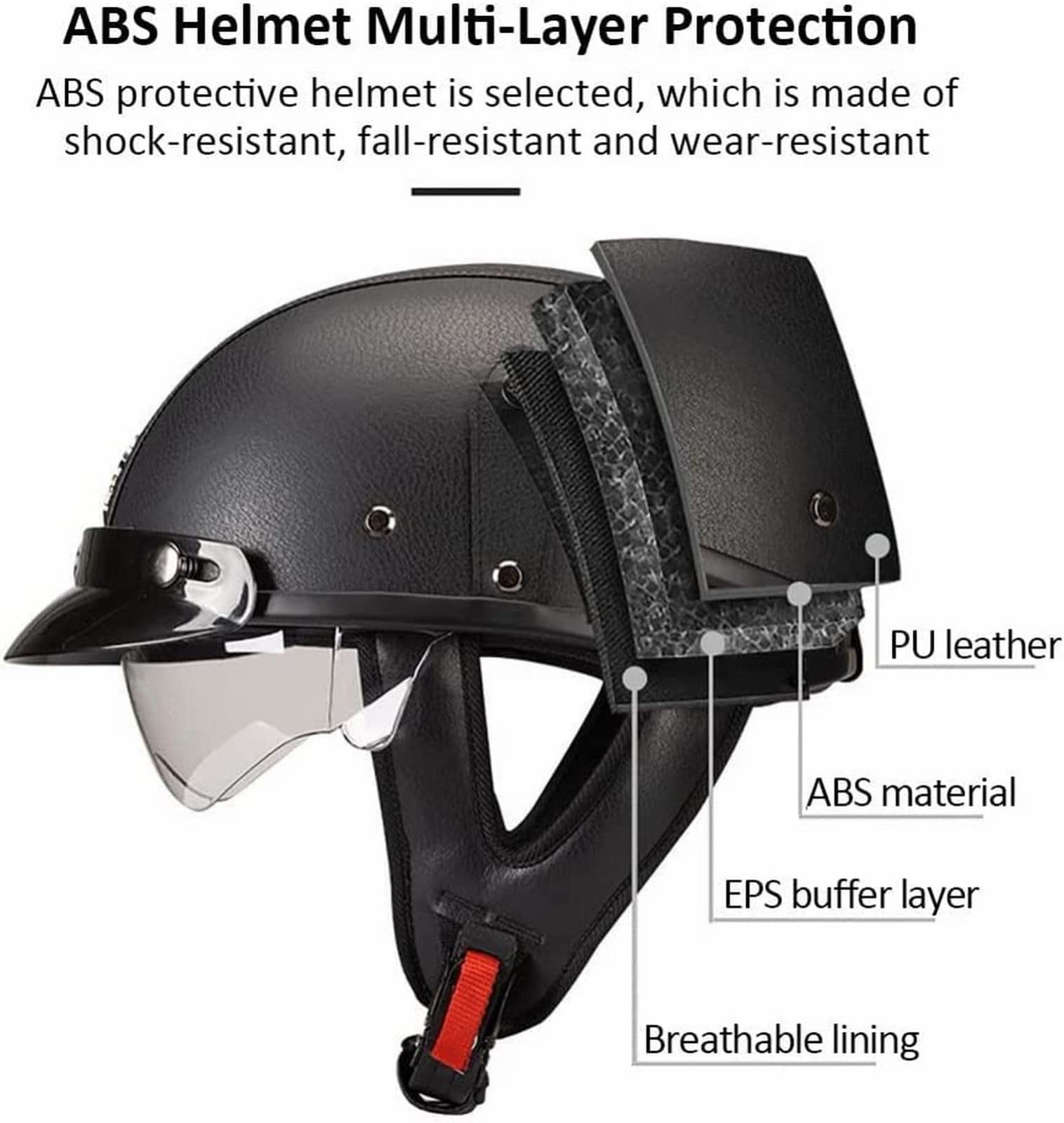Duitse Leren Half Face Helm ECE Goedgekeurd Motorcycle Cap Half Shell Helm Bril Retro Open-Face Helm Met Verstelbare Quick Release Gesp, Voor Cruiser Scooter Touring J,3XL