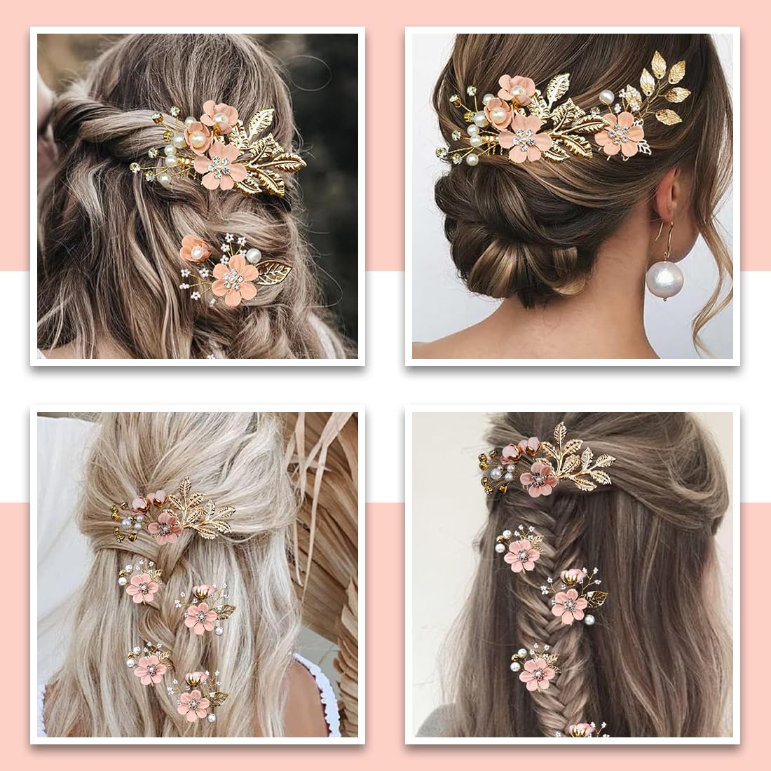 Set di 4 Fermagli Capelli Sposa, Pettine per Capelli da Sposa con Perle,Accessori Capelli Sposa con Strass Rosa,per Accessori per Capelli da Sposa Fascia da Sposa
