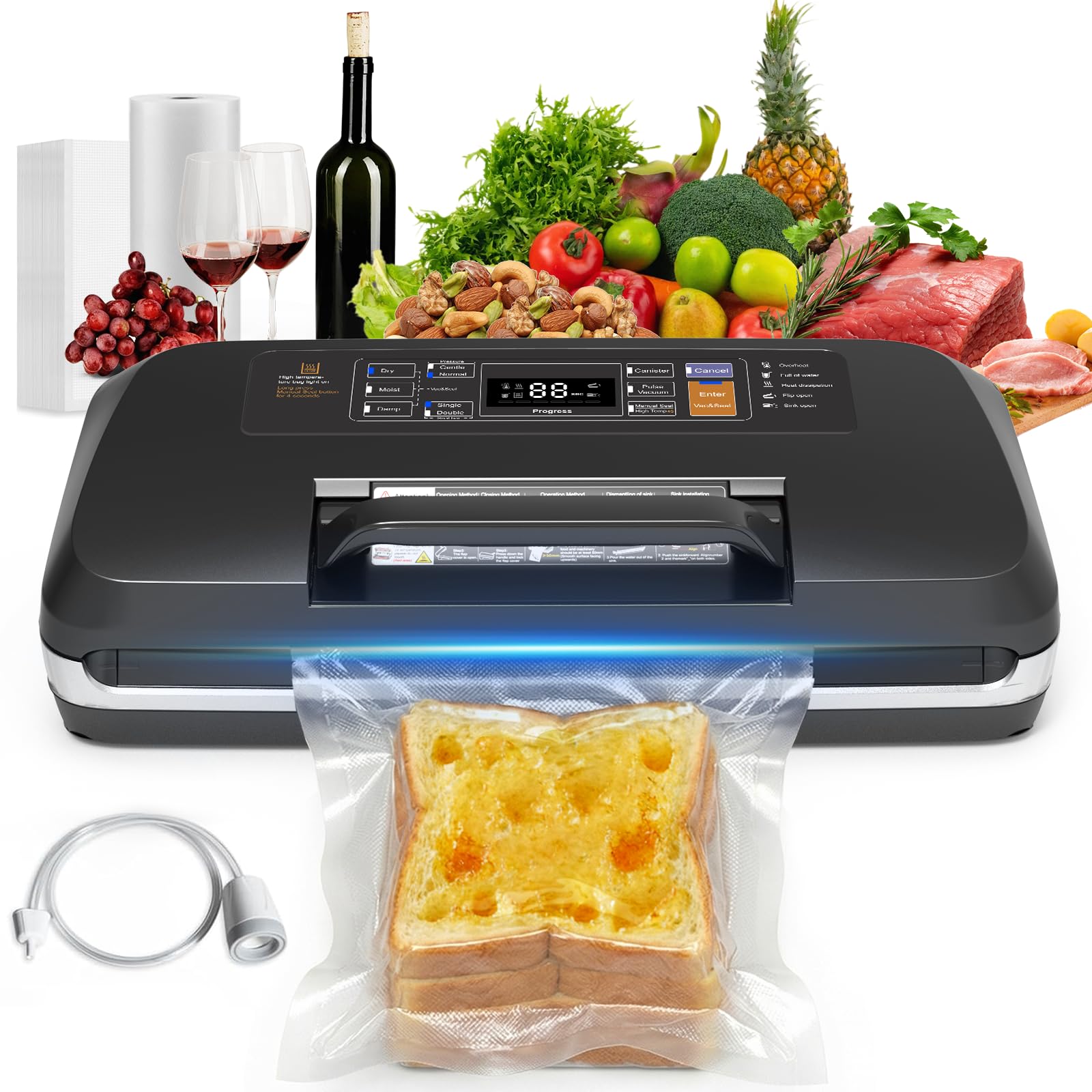 OidoZac 95kPa Vakumierergerät für Lebensmittel, 12-in-1 Vacuum Sealer mit Doppelter Heißsiegelung, Vakuumiergerät Doppelte Schweißnaht, Integriertem Cutter und Beutelspeicher, Abnehmbarer Tropfschale