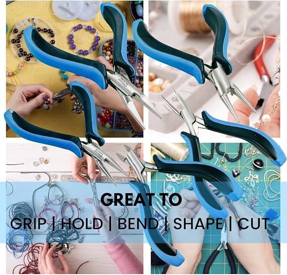 5 Piece 5 (12.7 cm) Jeweler's Premium Pliers Set | Flat Nose, Bent Nose, Chain Nose, Sidecutter, Round Nose | | Dual-Color, Ergonomic Grip | Essential for Intricate Wirework & Jewelry Crafting