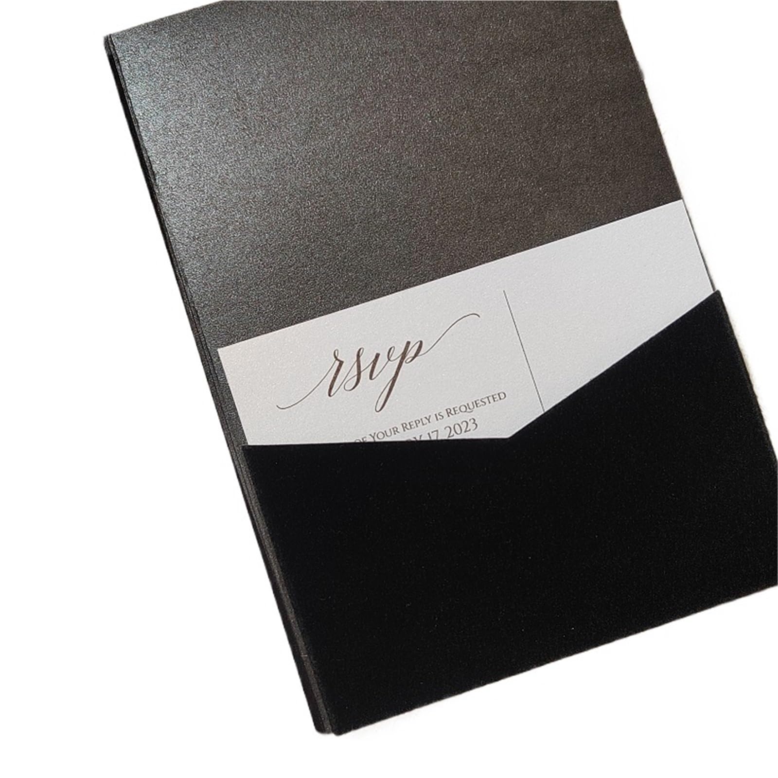 Hochzeitskarte 25 Stück schwarzer Samt-Einladungskarten-Taschenordner, Trifild-Ordner, Samt und schwarzes Perlglanzpapier