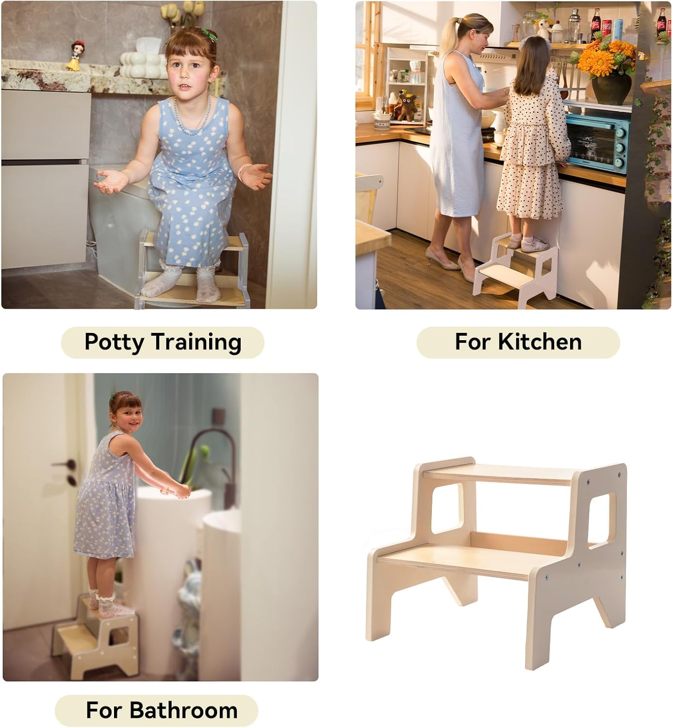 Toddler Step Stool, 2 Step Wooden Toddler Kitchen Stool Helper for Bathroom Sink, Toilet & Potty Training, 330lbs Capacity Stools for Kids with Safe Non-Slip Pads and Handles-Honey Beige(2PCS)