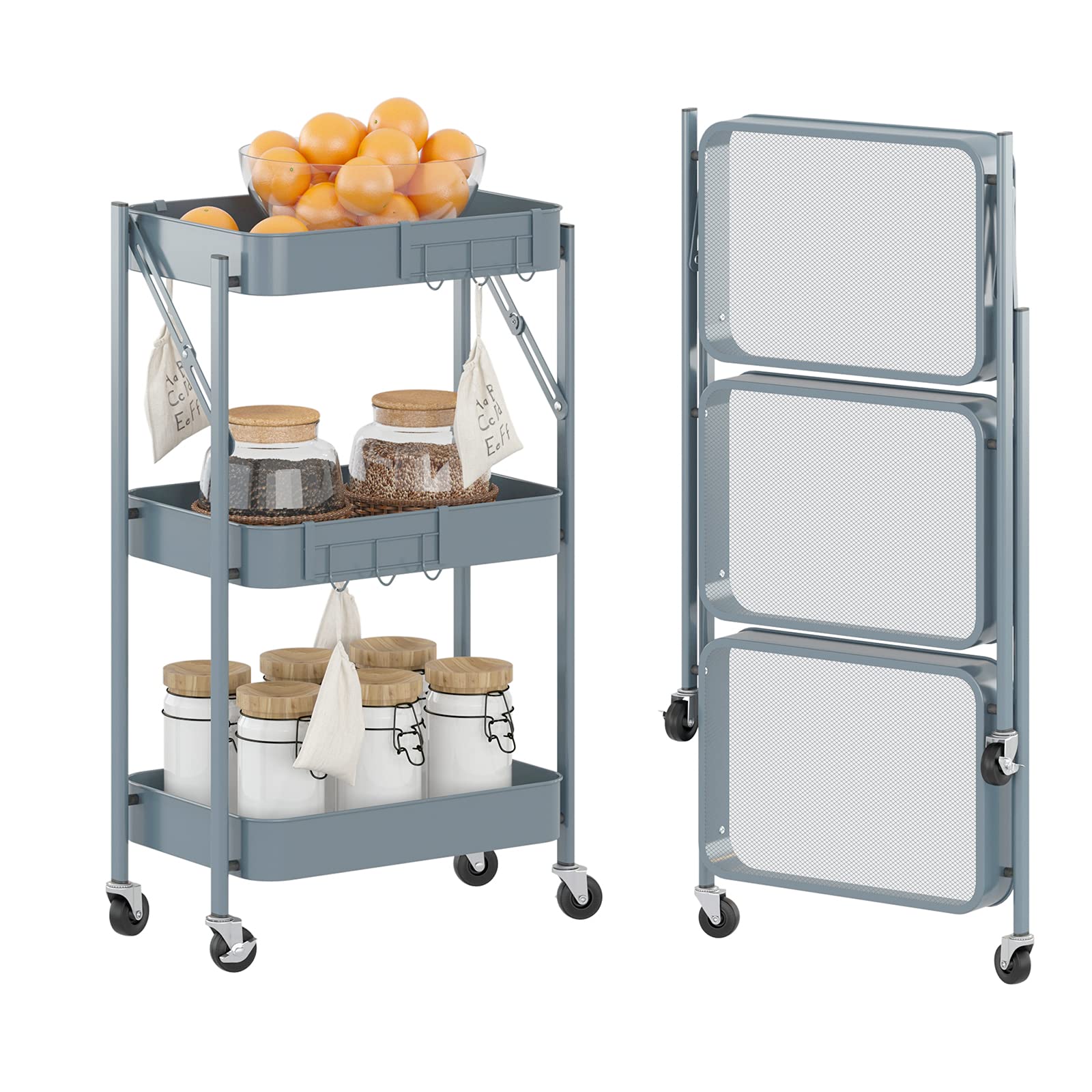 Buy 3 Tier Foldable Metal Rolling Cart, Mobile Slim Storage Cart, Metal