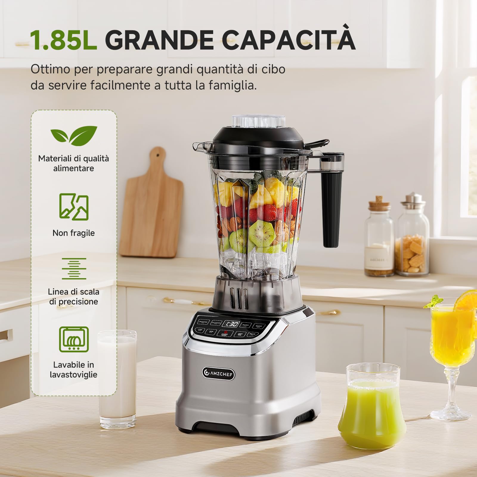 AMZCHEF Batidora de Vaso 2 in 1 con due contenitori di miscelazione, Frullatore Professionale ad alte prestazioni, 1800 Watt, 1,85 litri e 600 ml, blender professionale per smoothie con 6 lame