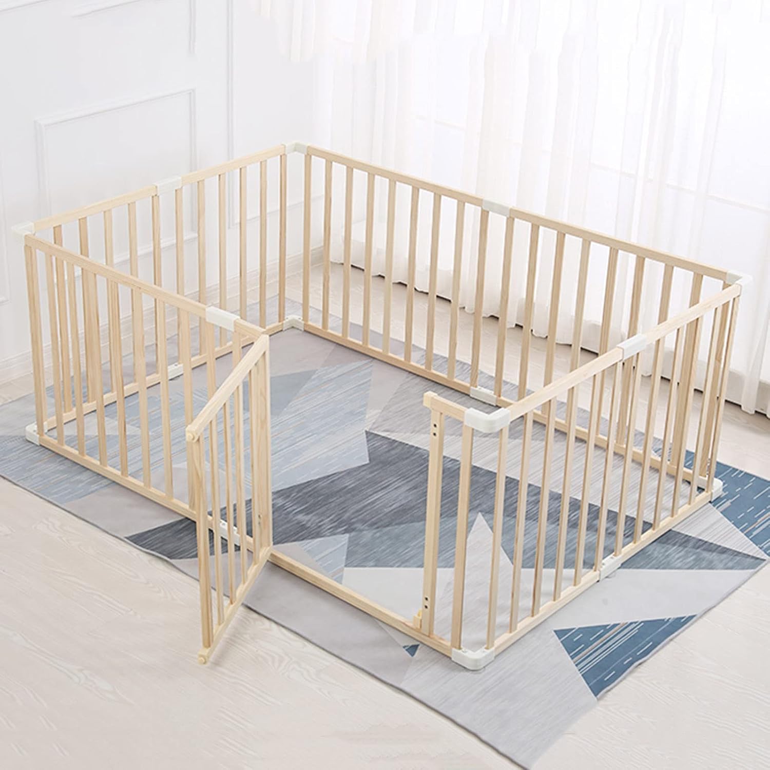 Jolan Portable Baby Playpen,Wooden Baby Fence with Door,Crawling Playpen,Indoor Outdoor Safety Playard Fence,Breathable/Durable Playpen for Baby and Toddlers,with Anti-Slip Bases,120×150cm