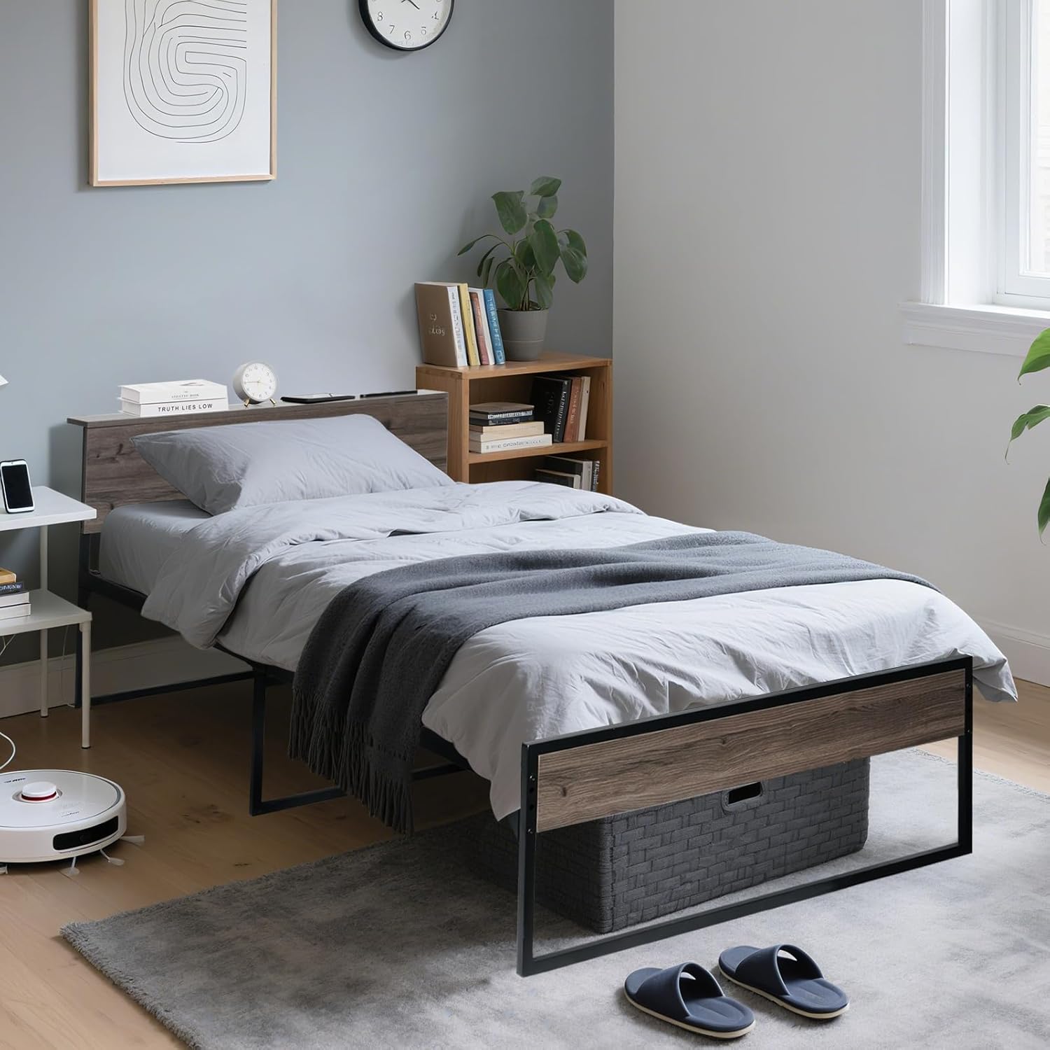 ベッドフレーム シングル 宮棚 2口コンセント USB&Type-C パイプ 黒