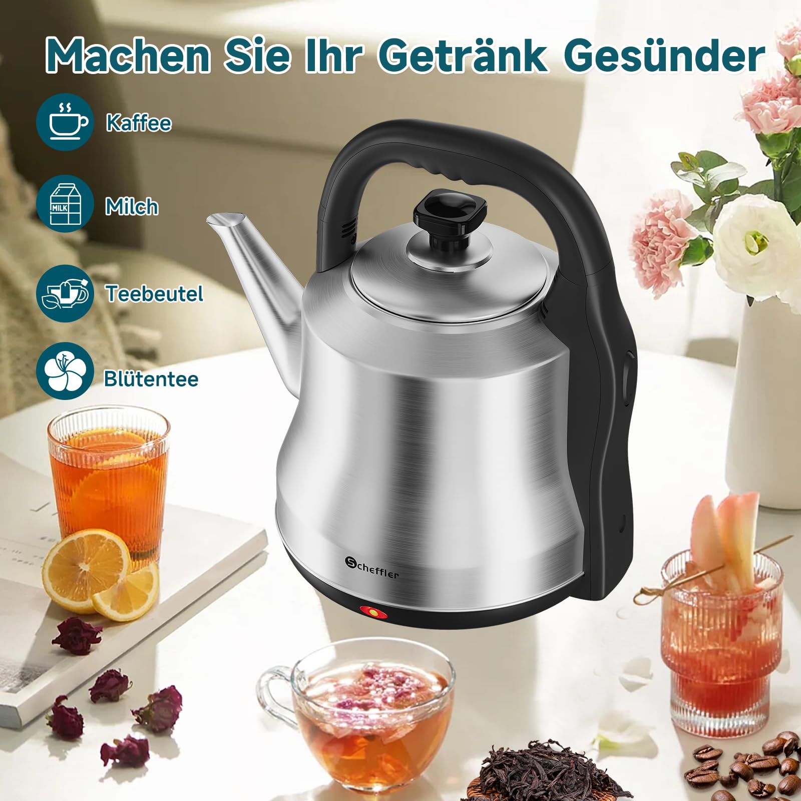Wasserkocher Edelstahl 4,5L,1800W Vintage Electric Kettle, Klappbarer Griff