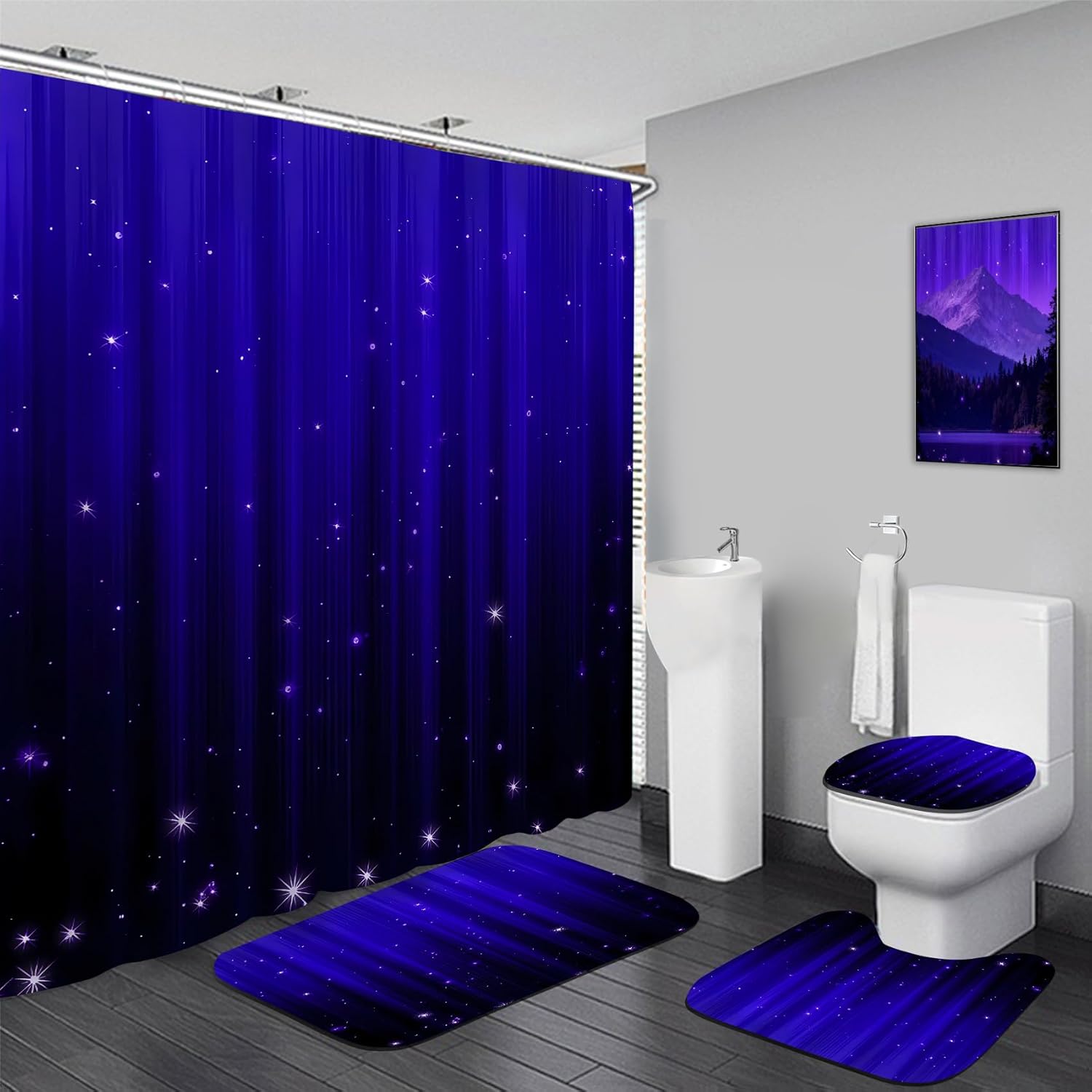 Yddsky 4 Pcs Blue and Black Shower Curtain Sets Non-Slip Rugs Bath Mat Toilet Cover, U-Shaped Mat, Gradient Shower Curtain with 12 Hooks, Modern Abstract Bathroom Set Bathroom Decor