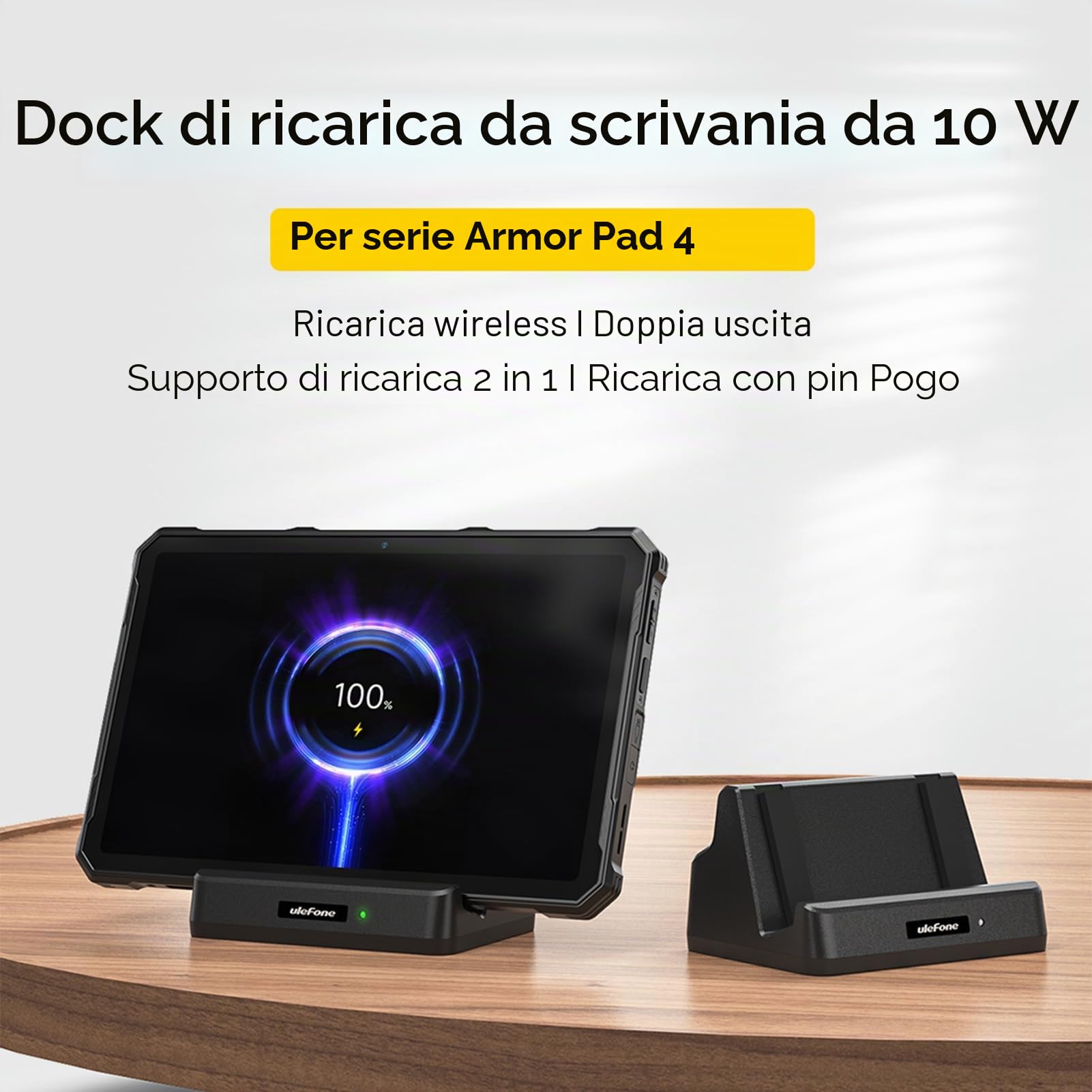 Ulefone Dock di Ricarica da Scrivania 10W, Ricarica, Doppia Uscita, Supporto Caricatore 2-in-1 con Connettore Pogo, per Armor Pad 4T/4 Ultra Tablet