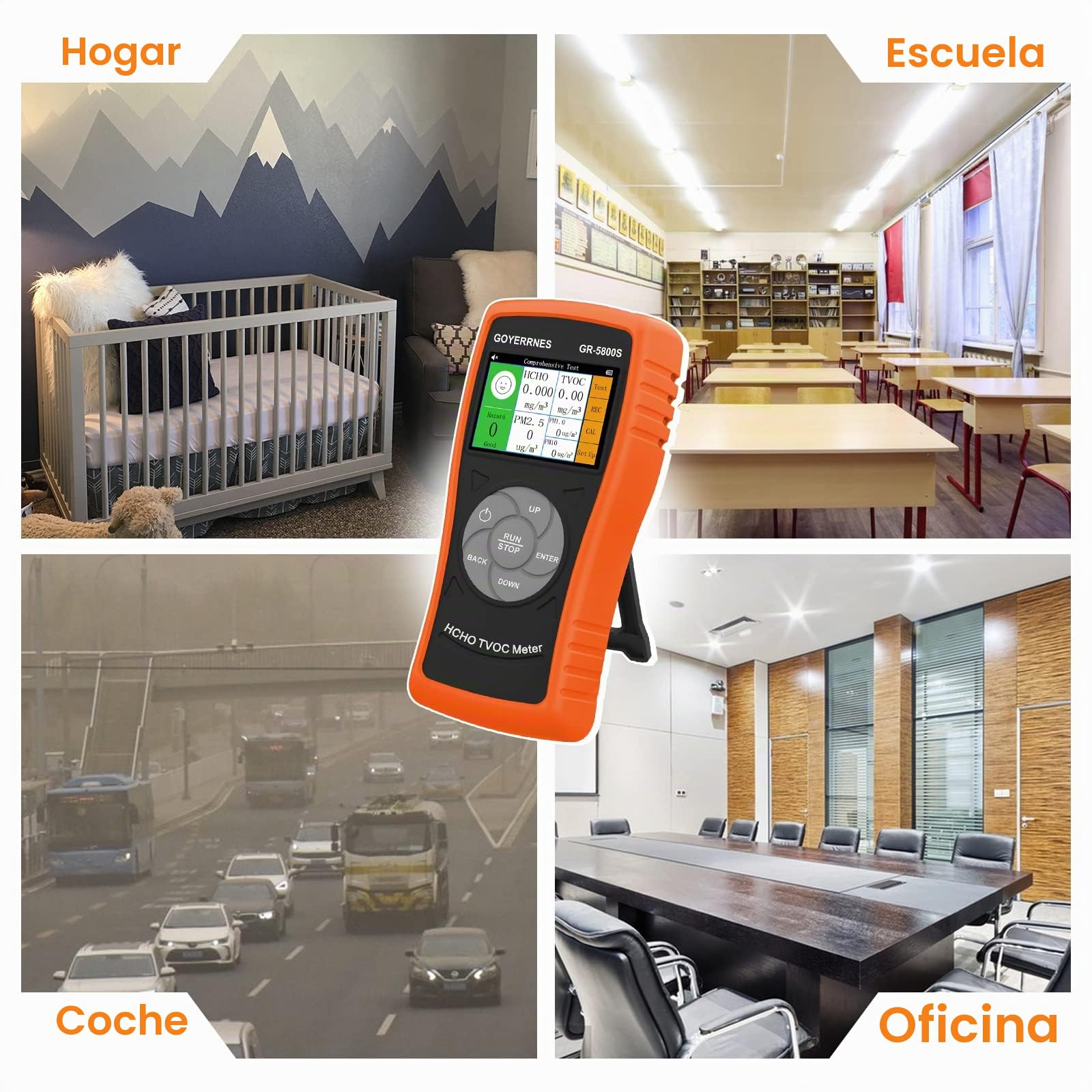 medidor Calidad Aire Interior 3-in-1,GR-5800S Detector HCHO/TVOC con Contador de partículas PM2.5,Detector de Gas de Aire Multifuncional con Pantalla de LCD Grande (Naranja)
