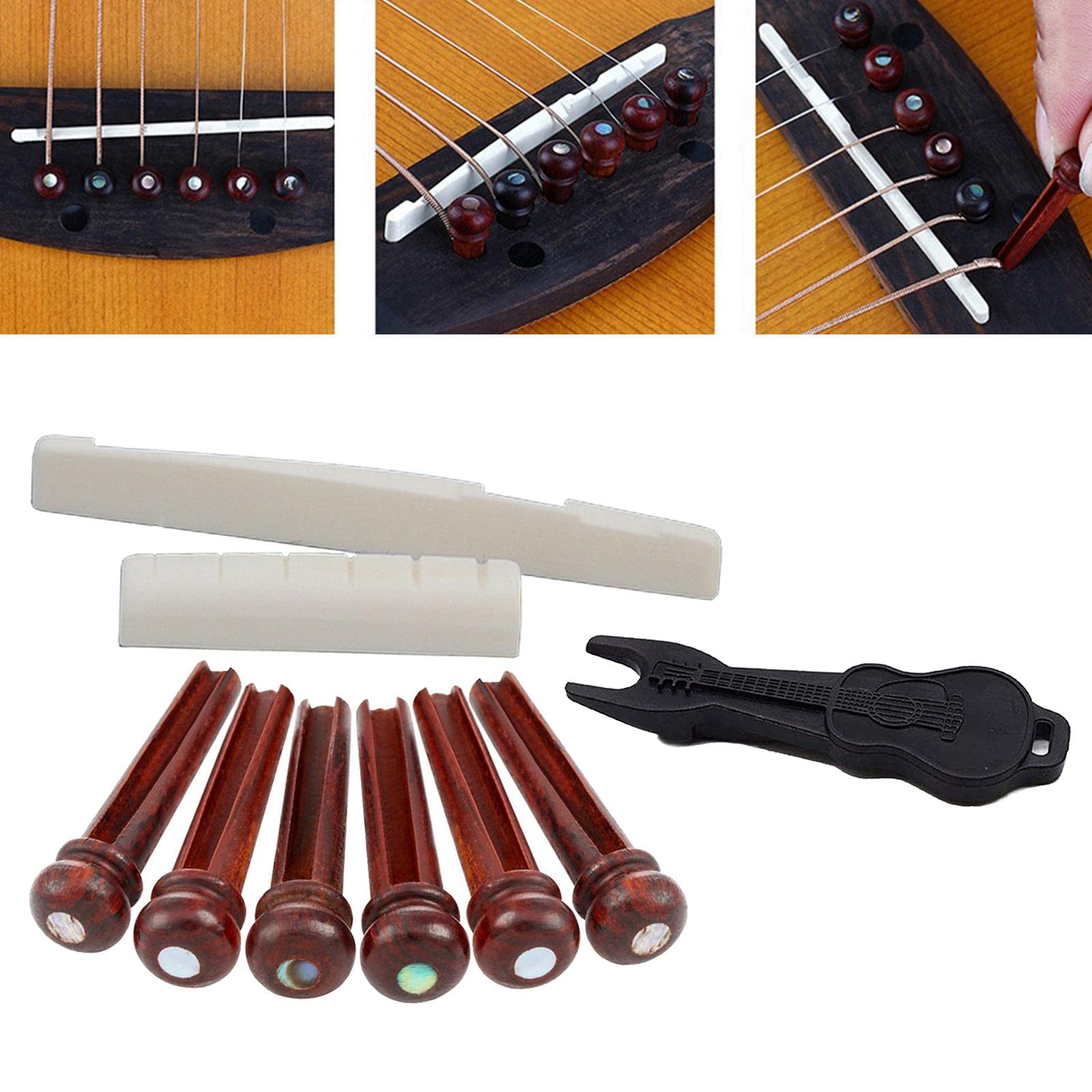 6 Goupilles Pont Guitare Acoustique Alliage Zinc + Selle, Écrou Et Extracteur