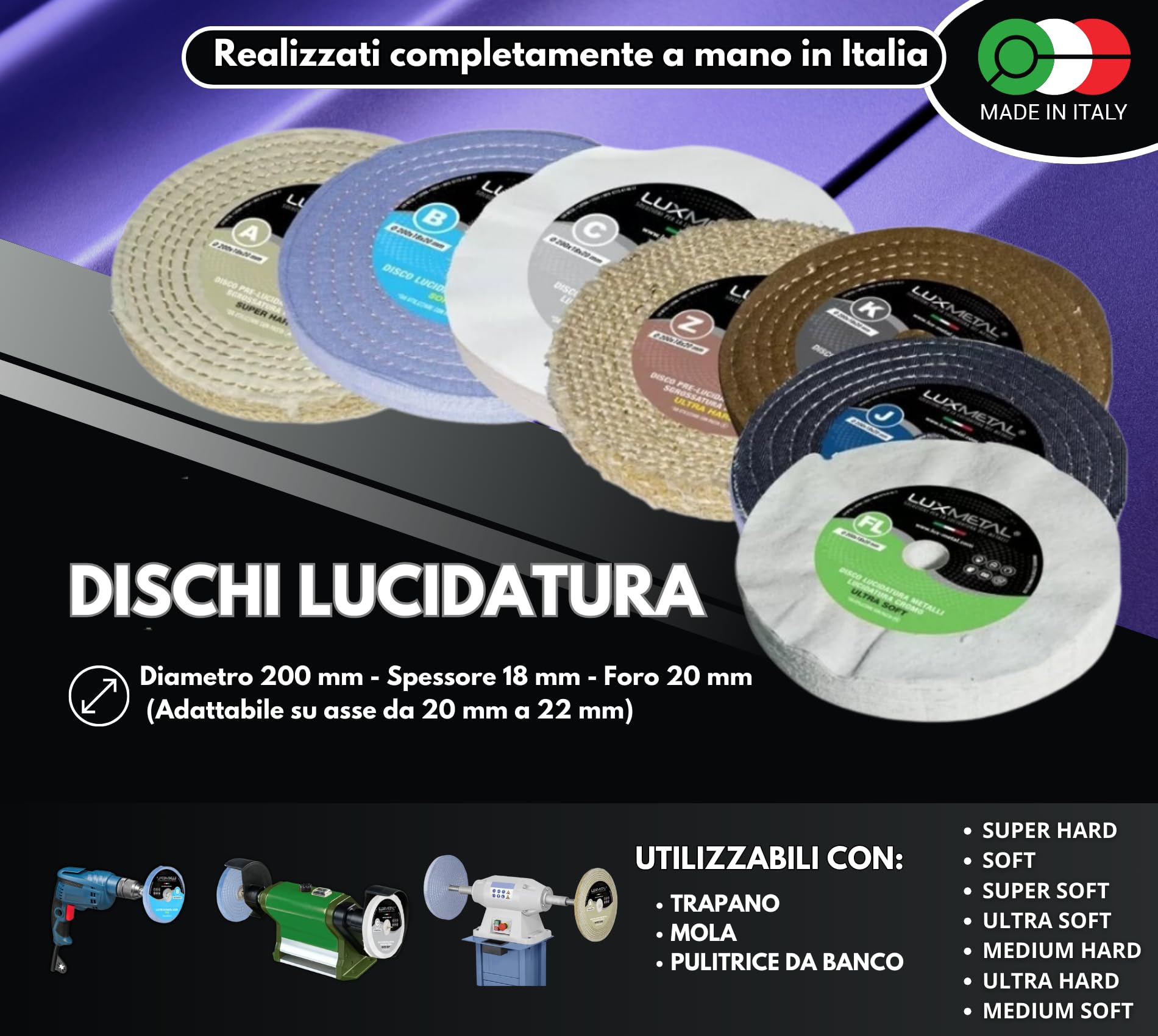 Lux Metal - Kit 7 Disco Lucidante 200 mm e 7 Pasta Abrasiva Lucidante 350 gr - Per Alluminio, Ferro, Acciaio Inox, Bronzo, Marmo - Ruota Lucidatura Metalli Mola Smerigliatrice Feltro