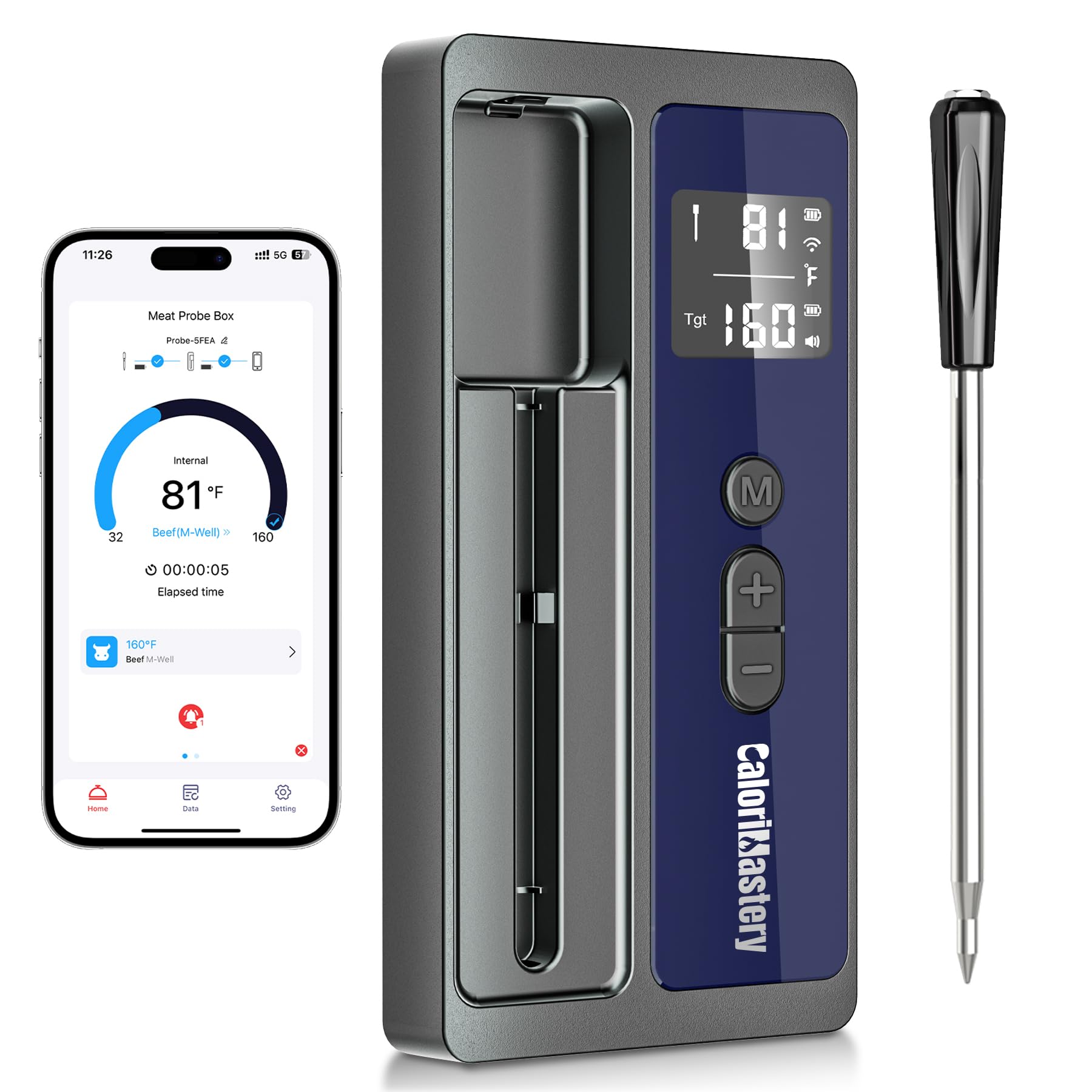 Wireless Meat Thermometer: 500FT Bluetooth Smart Meat Thermometer for Cooking and Grilling, CaloriMastery Digital Food Thermometer with Ultra-Thin Probe for Oven Safe, Kitchen, Smoker, BBQ