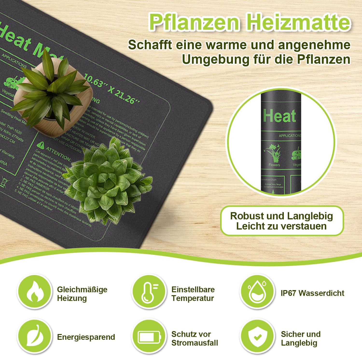 Heizmatte Pflanzen mit Thermostat, 27W Heizkissen, IP67 Wasserdicht, Wärmematte mit Timing-Funktion, Zimmergewächshaus Wärmematte für Reptil, Sämling Germination(1er Set, 55x27cm)