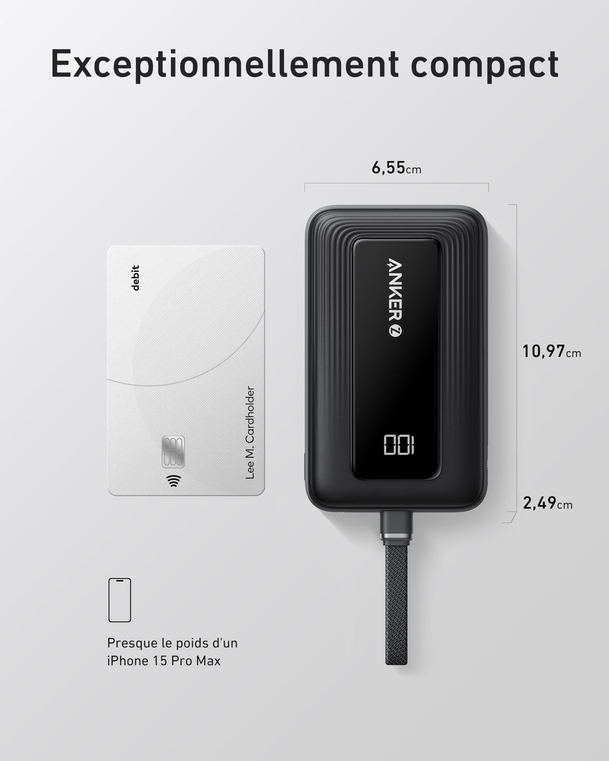 Anker Zolo Batterie Externe 10000mAh 30W, Power Bank Haute Vitesse Câble USB-C Intégré, 1 Port USB-C & A, pour iPhone 17/17 Pro/17 Pro Max/16, MacBook, Galaxy, et Autres