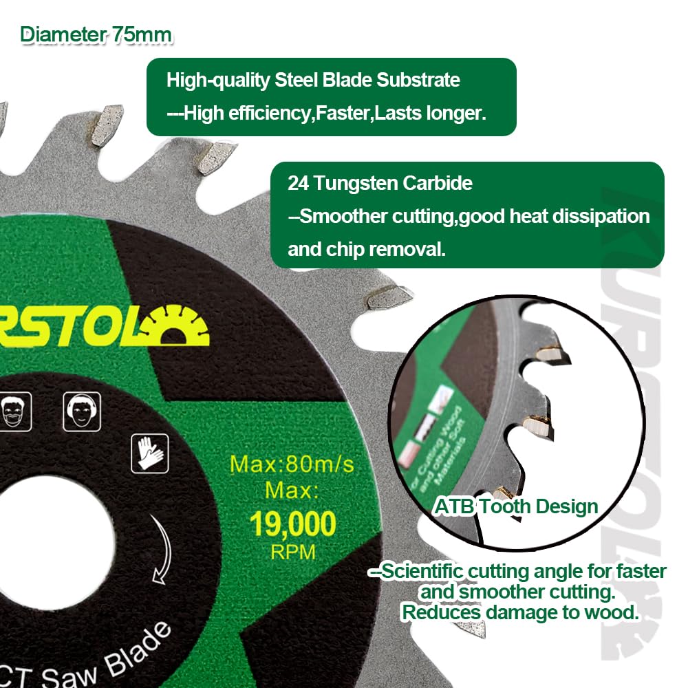 Wood Cutting Circular Saw Blade - KURSTOL TCT Circular Cutting Blade3(75mm)*5pcs 24T Cut Off Wheel for Wood Plastic Arbor 7/16"(11.12mm) with a Washer 3/8"(9.5mm)