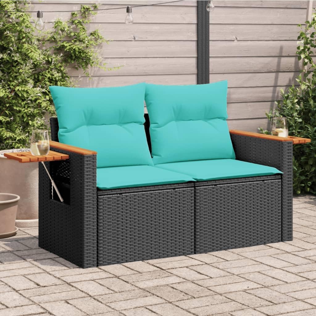 2-Seater Black Rattan Loveseat 24.4x48.8x27.2 in, Blue Cushions, Hidden Storage, All-Weather for Patio/Balcony