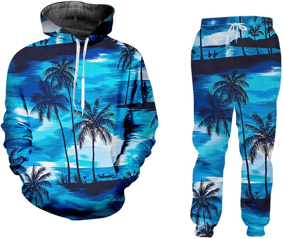 YJQWDDD 3D Sportswear Men 3D Printed Coconut Tree Streetwear Hoodie and Jogging Pants Suit