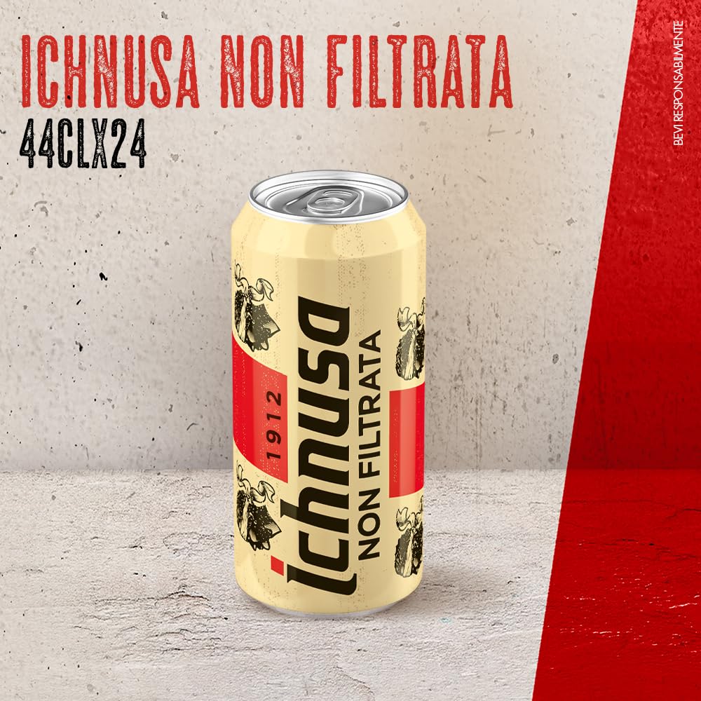 Birra Ichnusa Non Filtrata, Cassa con 24 Lattine 24 da 44cl, Birra Lager Non Filtrata a Bassa Fermentazione, Gusto Morbido, Corposa ed Equilibrata, Gradazione 5,0% Vol