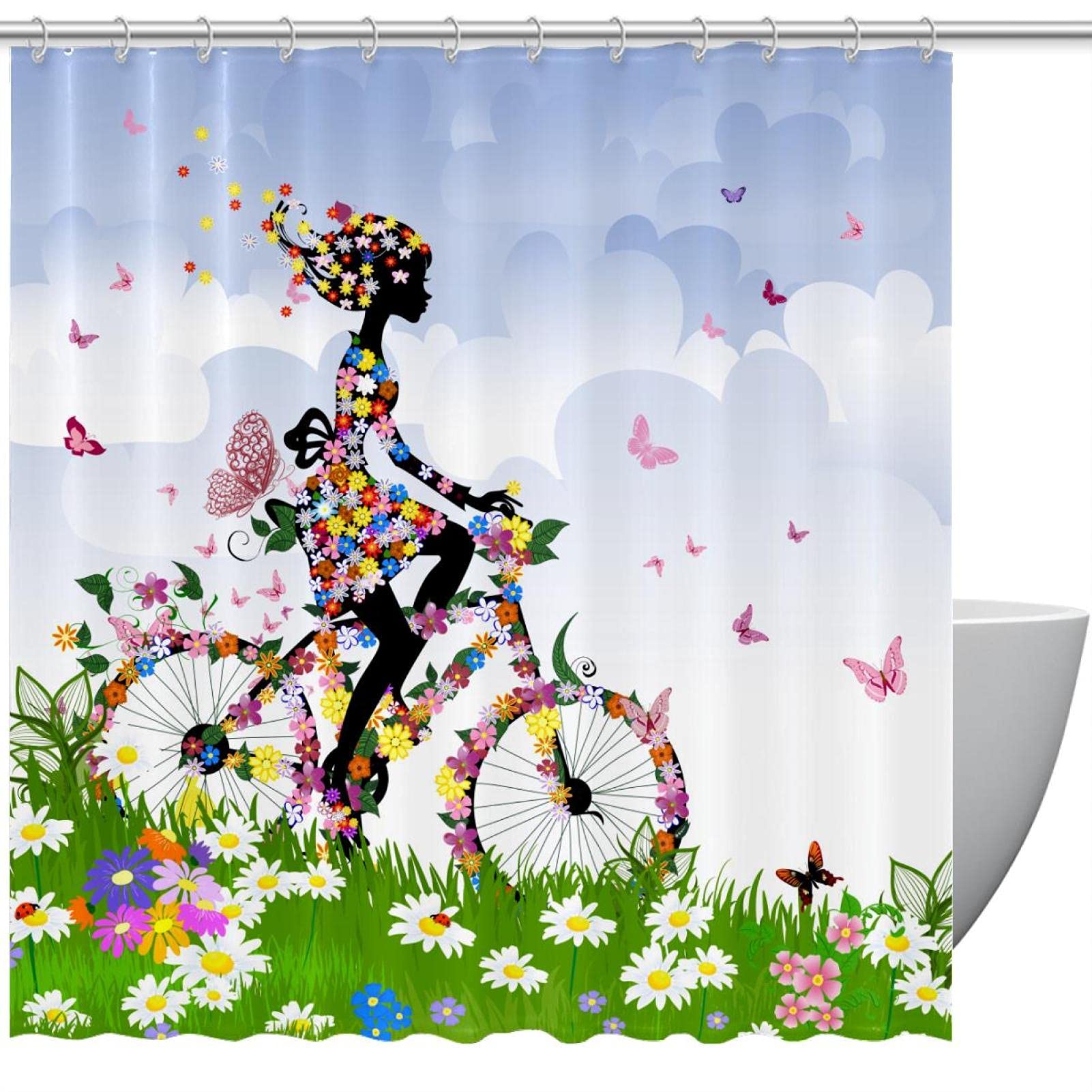 Rideau de douche fille avec motifs fleurs et papillons pour salle de bain enfant