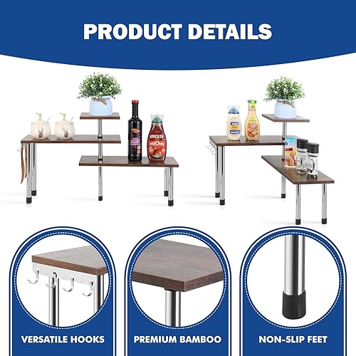 Miniatura 4 de OUTREE Organizador de 3 niveles para encimera de cocina, estante de especias con ganchos, organizador de gabinete de esquina ajustable, estante