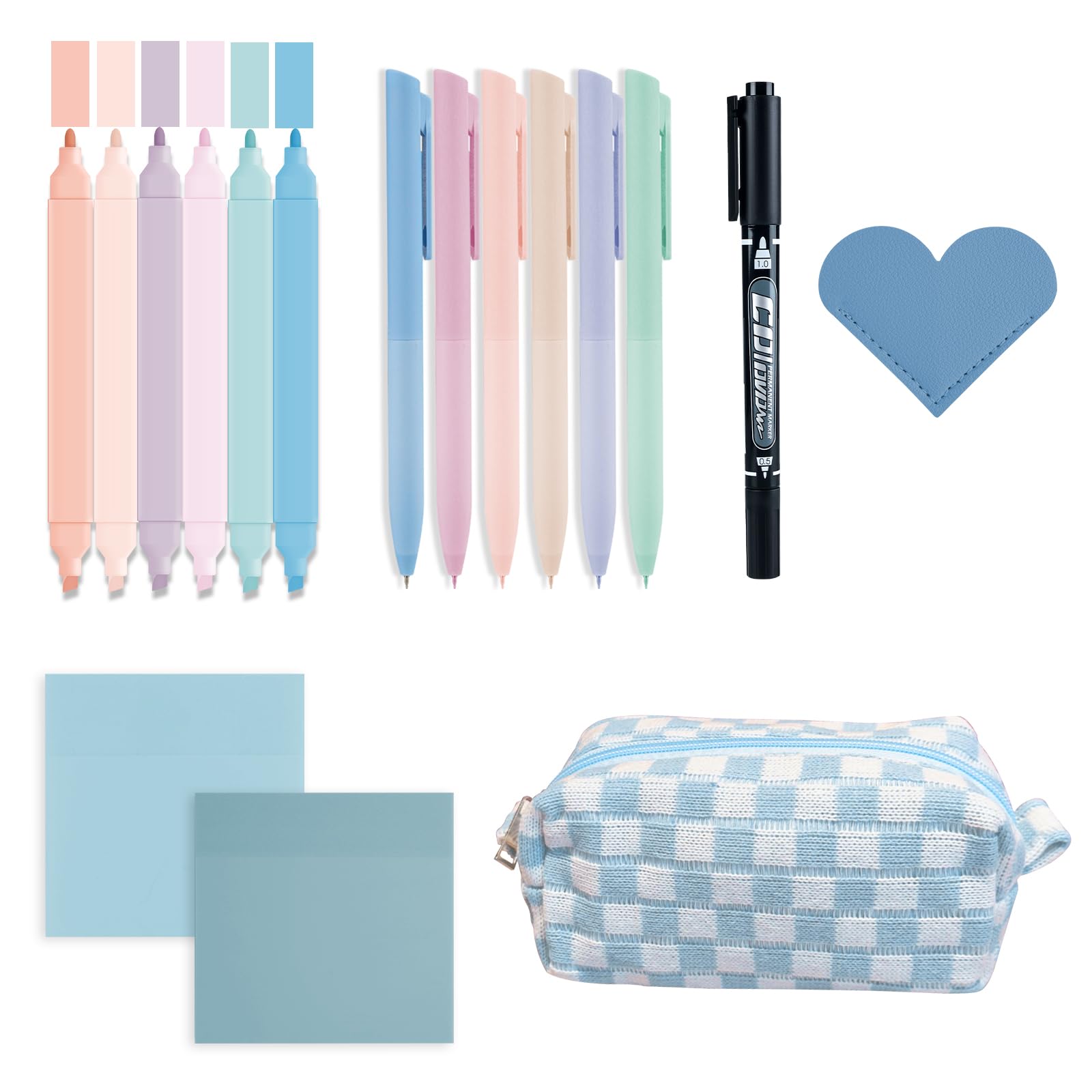 17 Pcs Aesthetic College School Supplies,Large Checkered Pencil Case,Dual-tip Highlighters,Gel Pens and more,Study Group Essentials Accessories Set for Women Students Beginner Christian Gifts(Blue)