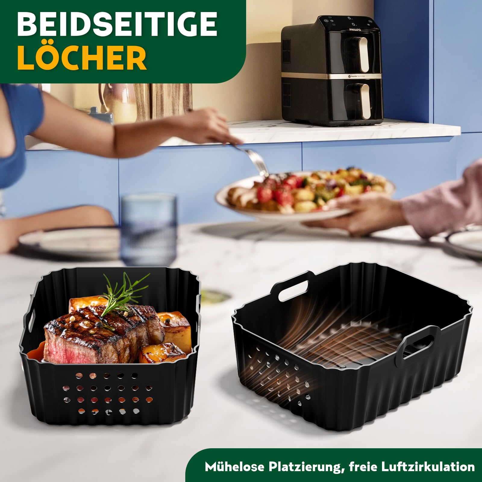 Airfryer Zubehör für Philips NA460/NA462 10L, Silikonform Zubehör | Heißluftfritteuse Zubehör für Philips Airfryer 4000 Series Stacked Dual Basket 10L, uflaufform Einsatz Anstelle Backpapier