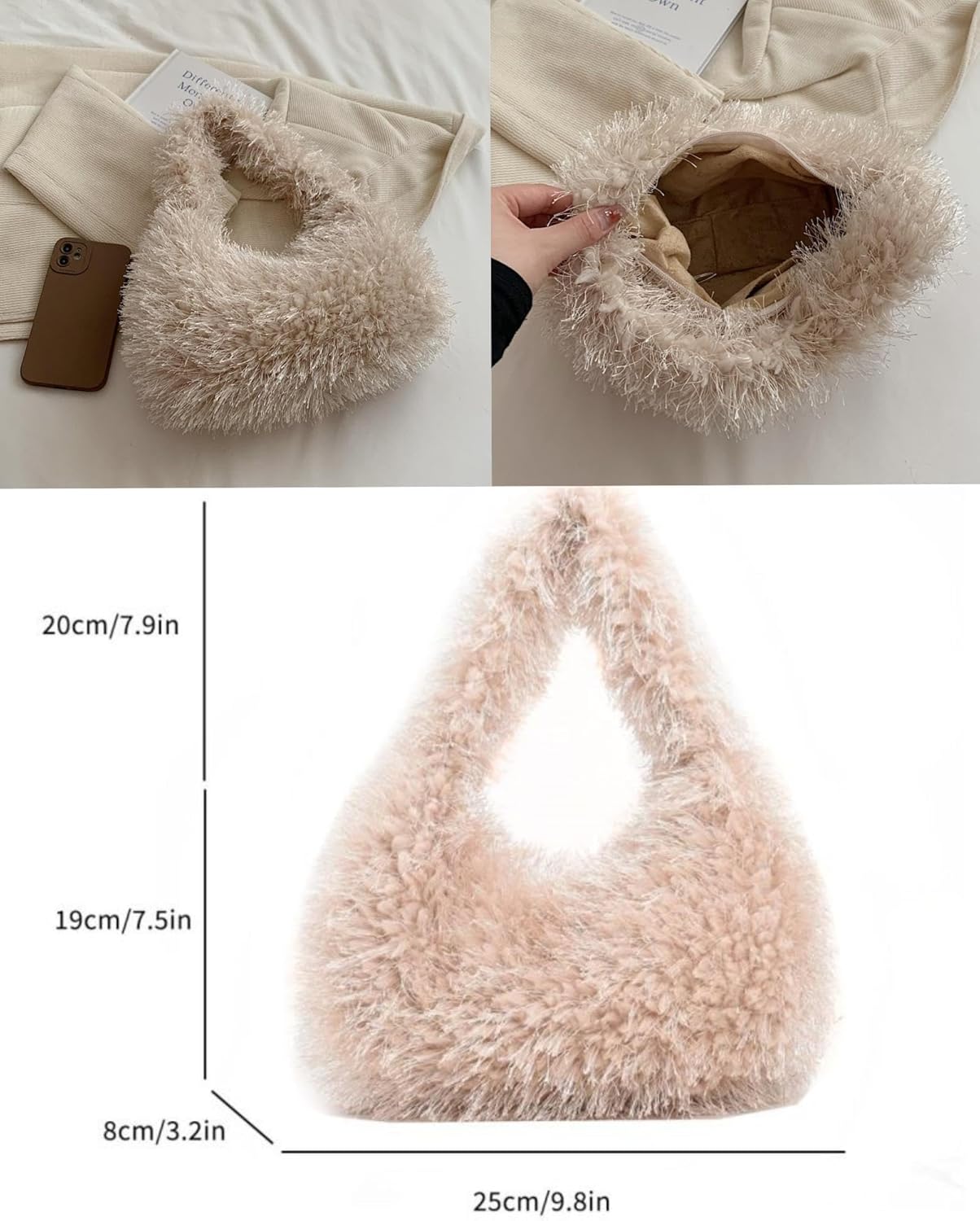 Faux Fur Fluffy Hobo Bag Furry Handbag Purse Y2K Fuzzy Tote Bag,Trendy Cute Plush Purse for Women - Image 6