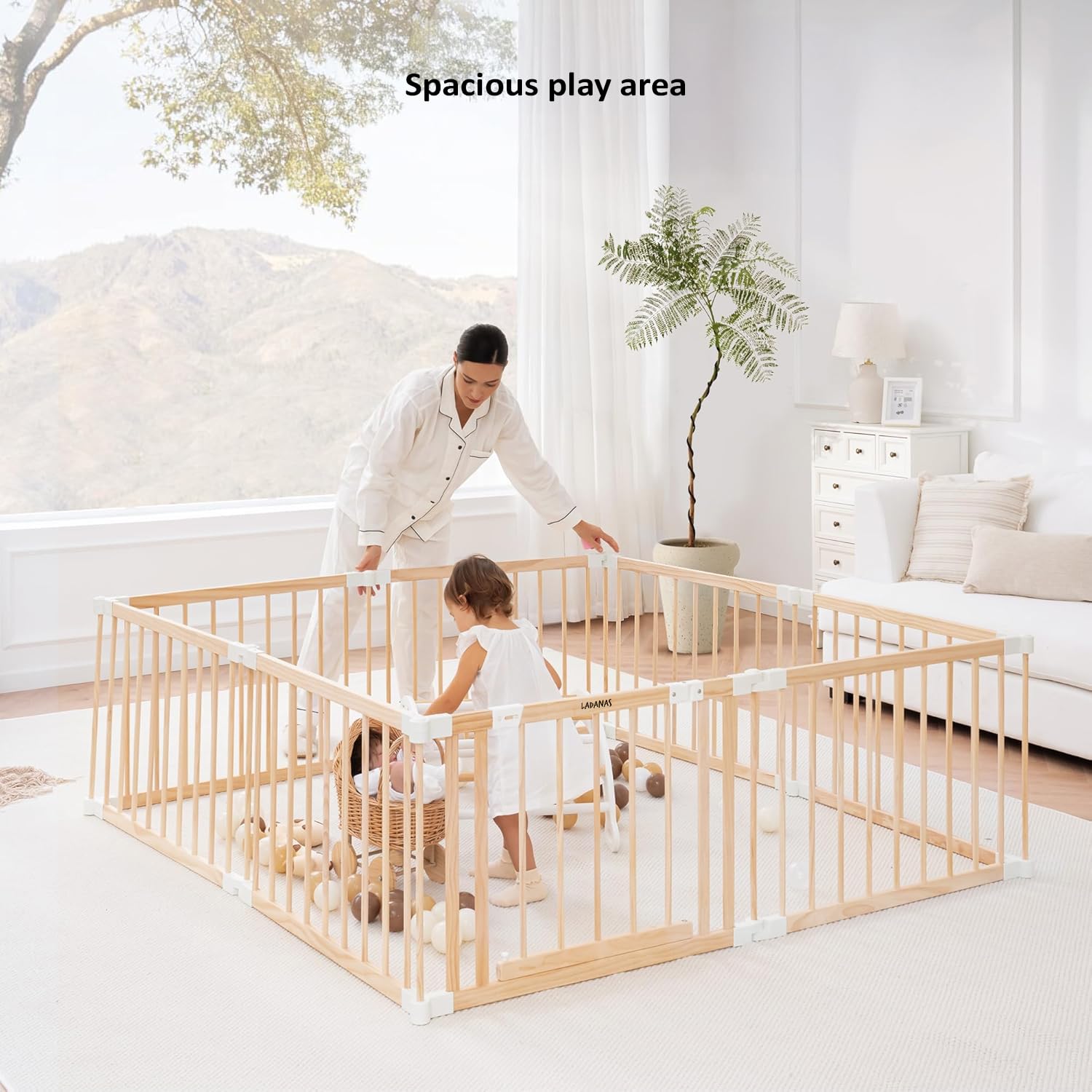 Parc bébé pliable en bois naturel 152x76 cm avec porte sécurisée et ventouses antidérapantes, parc modulable pour bébé et enfant, grande aire de jeu stable pour maison
