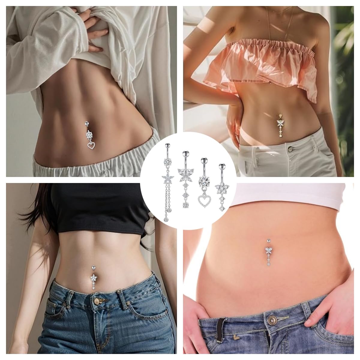 Piercing Ombligo para Mujer, 4 Piezas Anillos para el Ombligo 14G Chapado Barras de Vientre Piercing Ombligo Acero para Mujeres Niñas