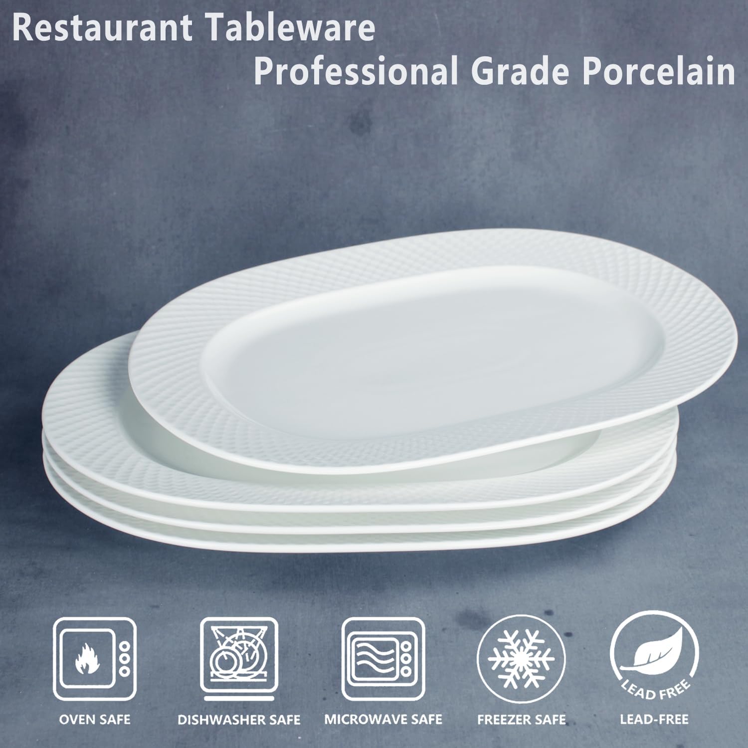 12-inch Ceramic Oval Plates (4-Piece Set): Dessert Plates, White Stackable Salad Plates, Appetizer Plates, Dinner Plates. Suitable for steak, bread, salads, desserts, etc.