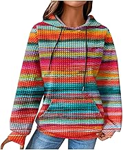 EMATOP Women's Cotton Hoodie Causal Long Sleeve Hoodie Autumn Winter Warm Pullover Vintage Colourful Print Sweatshirt with Hood Jumper Tops Fashion Waffle Hoodie with Pockets Outwear