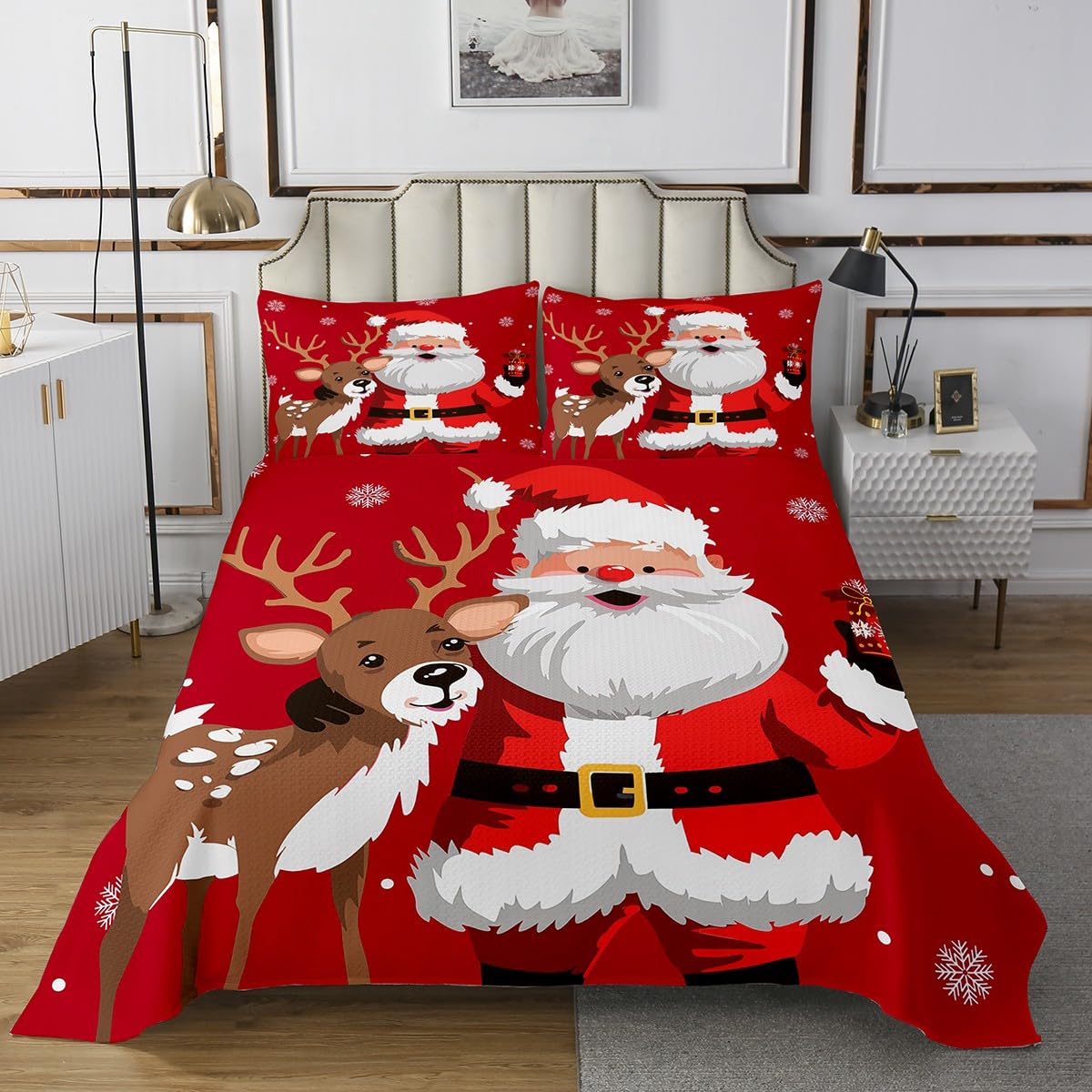 Cartoon Santa Claus Quilt Set Cute Elk Deer Kids Twin Bedspread Set,Xmas Snowflake Coverlet Set Kawaii Woodland Animals Reindeer Quilted,Red Christmas Decorations