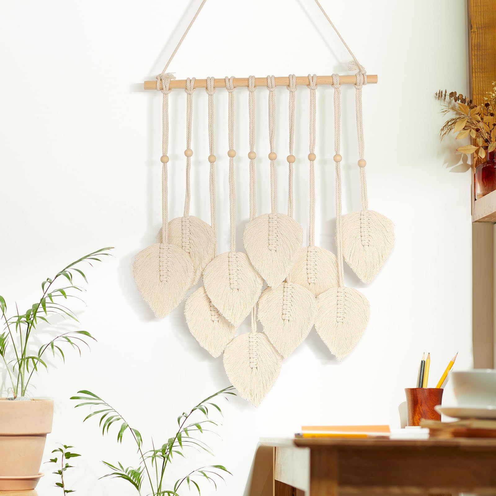 Macrame Pared,Boho Decoración de Tapiz Pared Macramé,tejido bohemio para decoración del hogar,Guirnalda de Macramé Tapiz Tejido de Hojas,para Dormitorio,Habitación de Niños,70x40cm,Beige