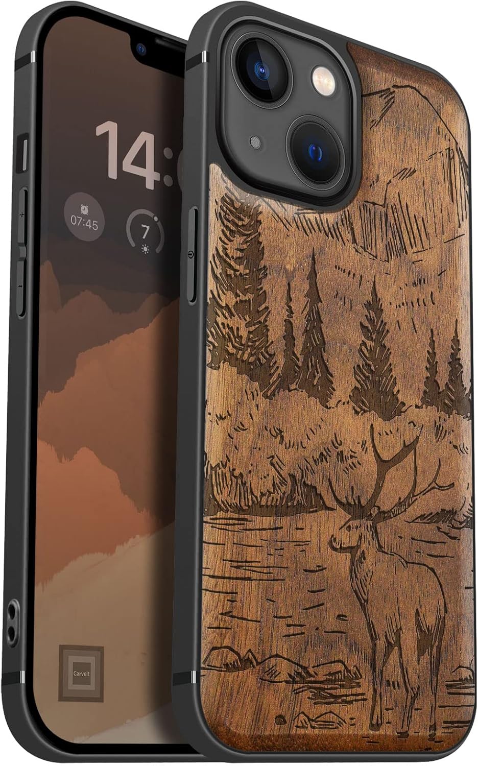 Carveit Magnetic Wood Case for iPhone 13 Mini Case [Natural Wood & Black Soft TPU] Shockproof Protective Cover Unique Wooden Design Compatible with MagSafe (Mountains and Deer -Walnut)