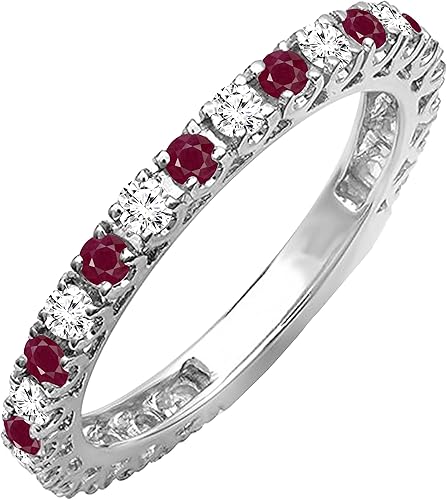 Dazzlingrock Collection Anillo apilable de oro blanco de 10 quilates con rubí redondo y diamante blanco de eternidad, anillo de boda de aniversario