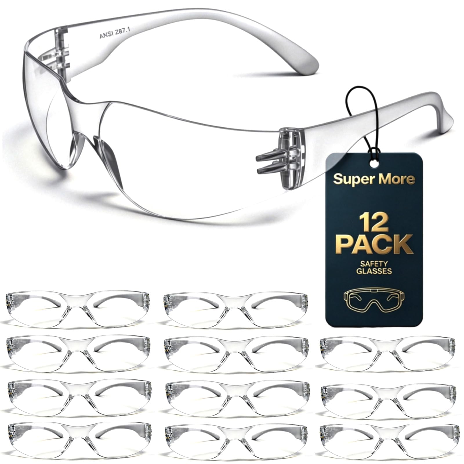 Super More 12 Pack ANSI Z87.1 Safety Glasses UV400 for Work,Sports,Daily