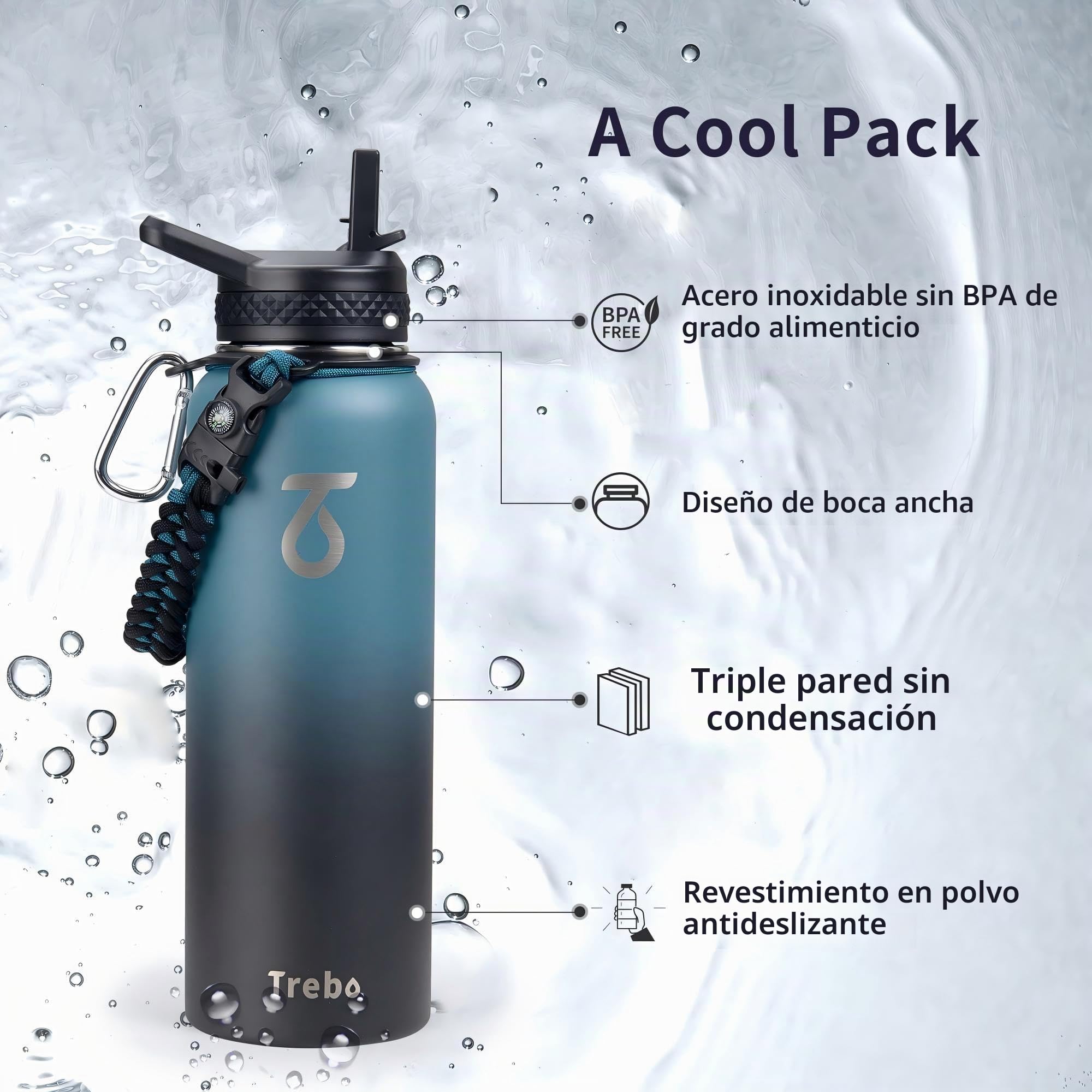 Trebo Botella de agua aislada de 40 onzas con mango de paracaídas, jarra de agua de acero inoxidable de triple pared al vacío, retención de frío de 48 horas, termo a prueba de fugas sin BPA con 3