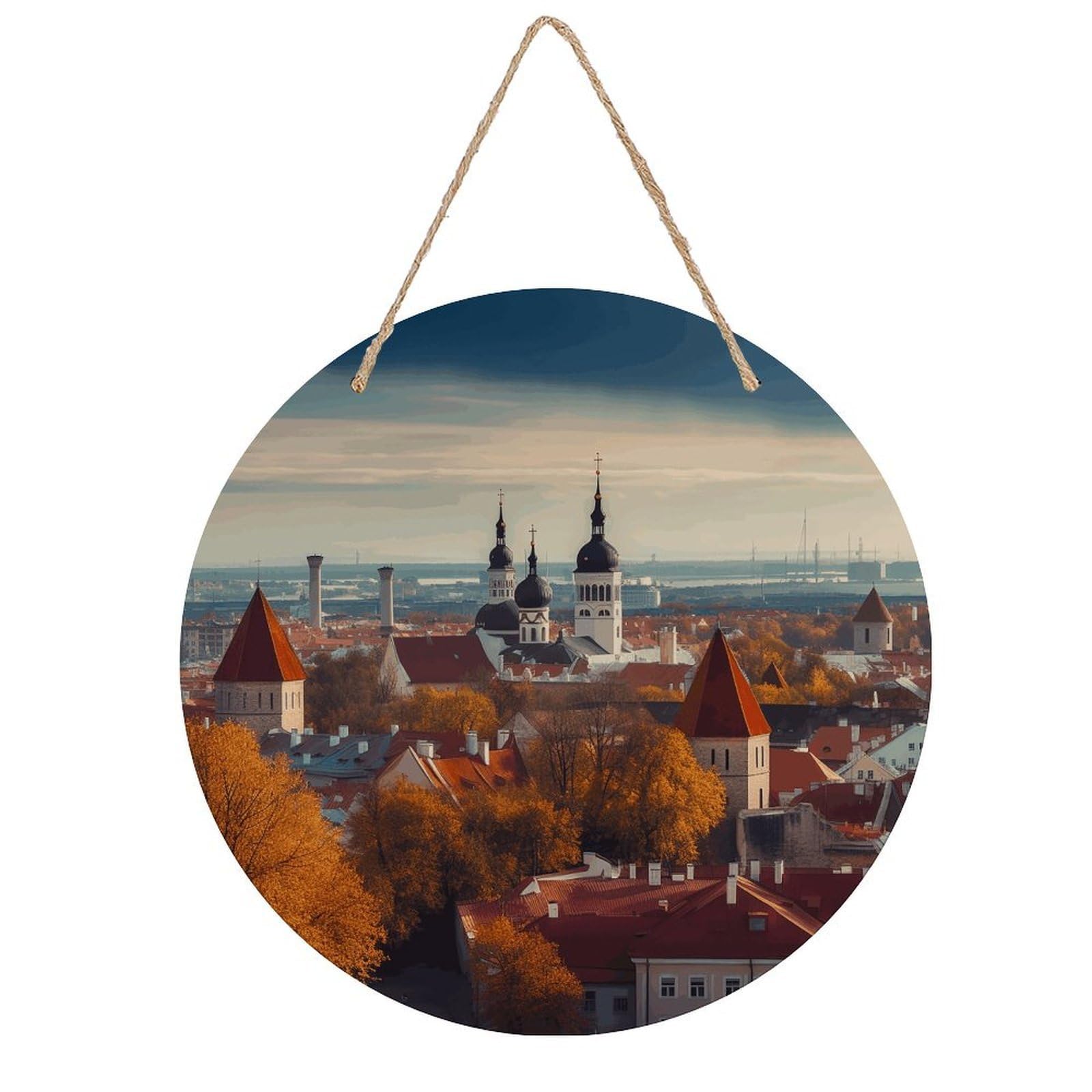 VstaDank Tallinn Estonia Cityscape Wooden Wall Art Decor Round Wood Plaque Wooden Door Hanger Sign with Hole And Hanger Rope Trend Wood Decorative Paintings for Home Outdoor Indoor 7.87 Inch