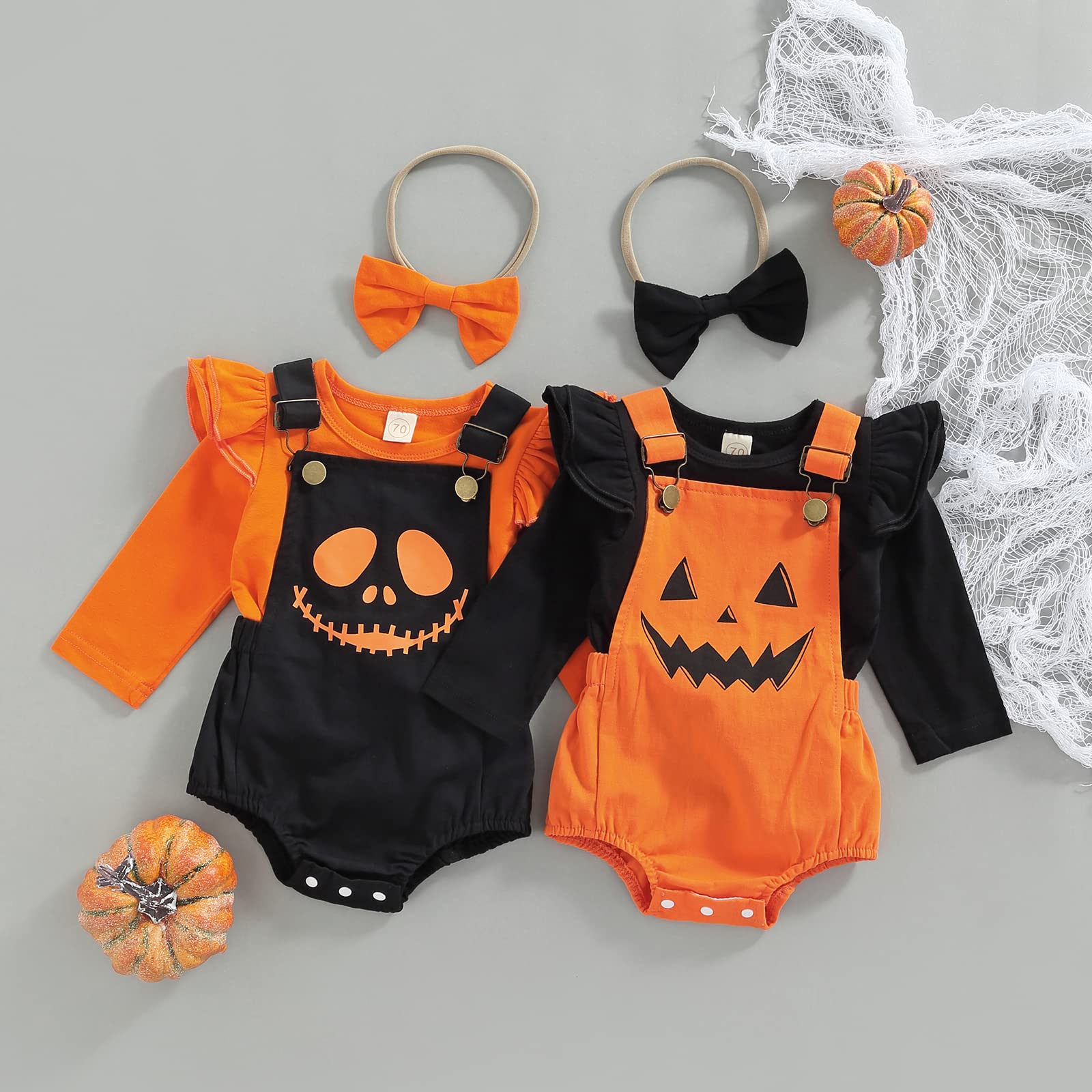 LouVasabuce Newborn Halloween Baby Girls Outfit Fly Long Sleeve Ribbed Tops+ Pumpkin Ghost Printing Suspender Romper+ Headwear (Orange, 0-3 Months)